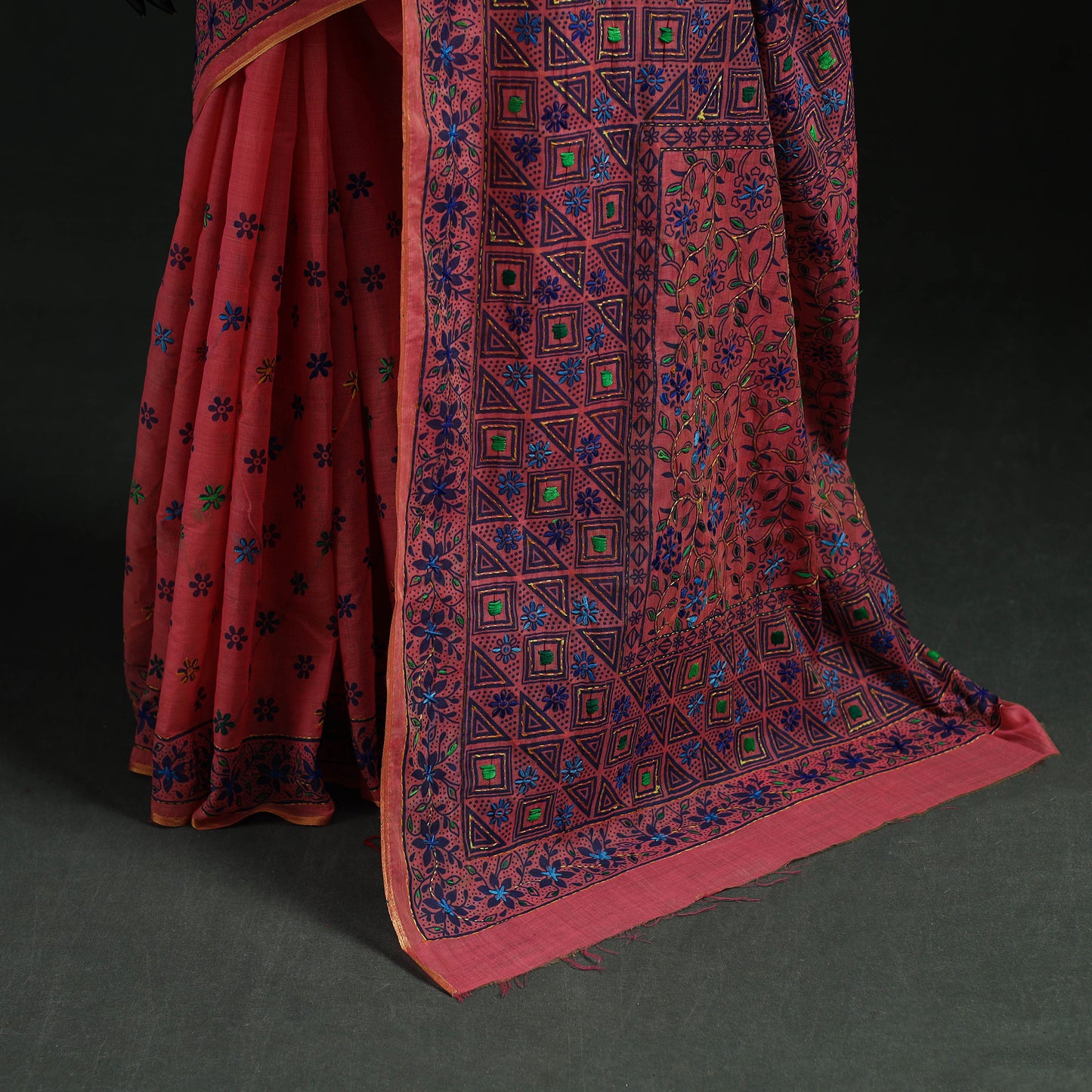 Bengal Kantha Hand Embroidery Silk Cotton Chapa Work Saree 86