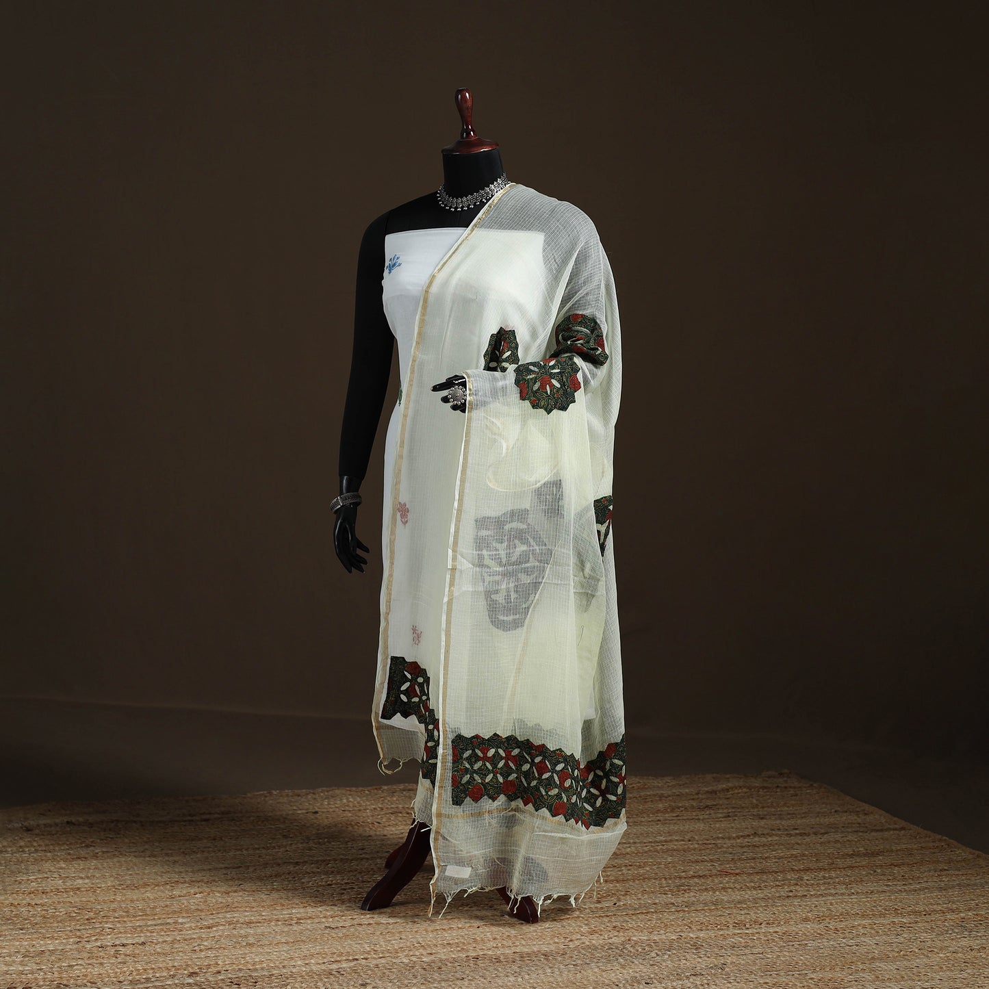 Kota Doria Cotton Barmer Applique Work Dupatta with Zari Border 03
