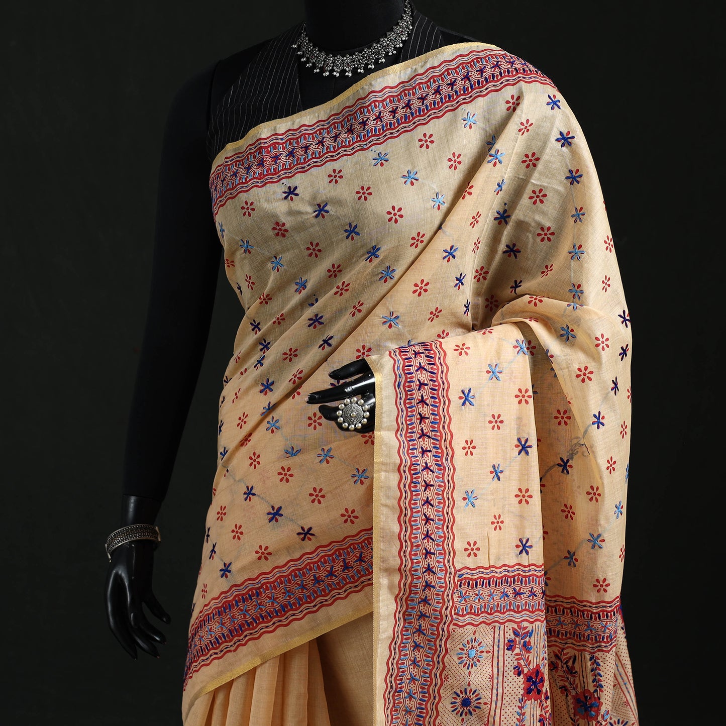 Bengal Kantha Hand Embroidery Silk Cotton Chapa Work Saree 87