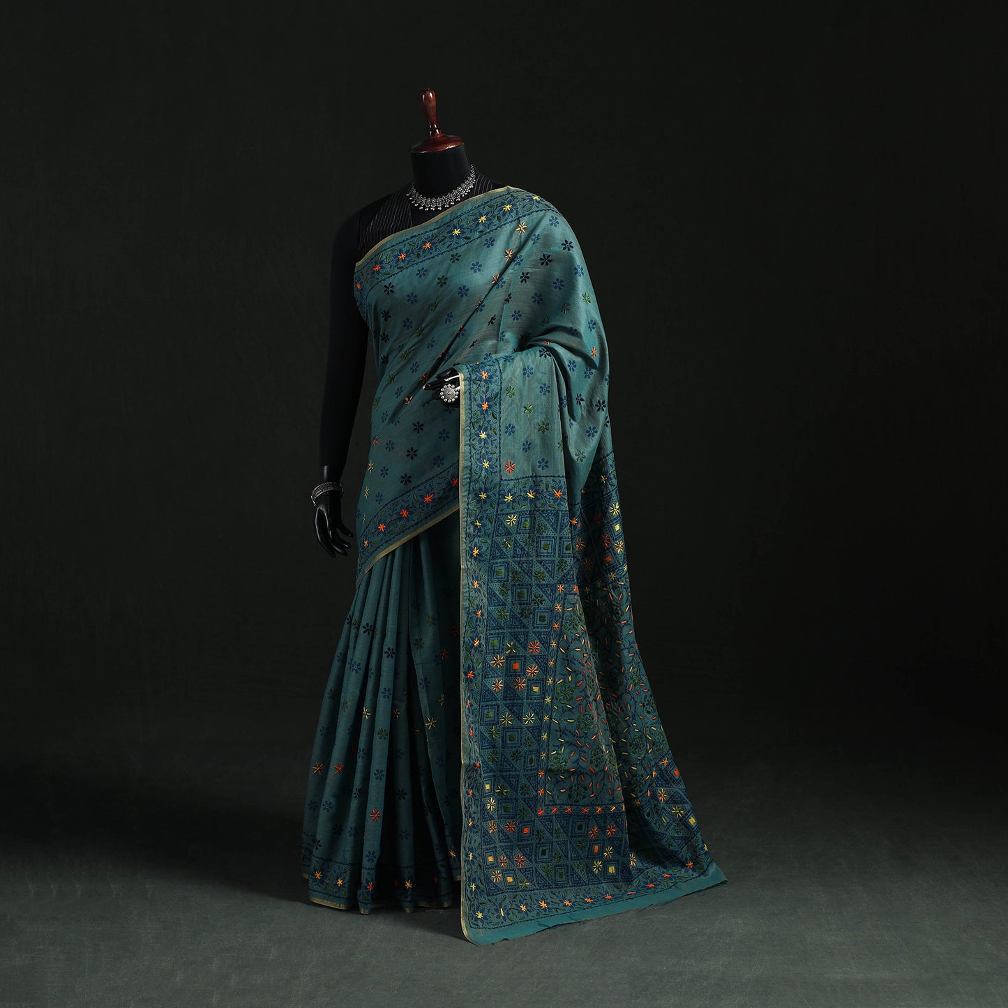 Blue - Bengal Kantha Hand Embroidery Silk Cotton Chapa Work Saree 88