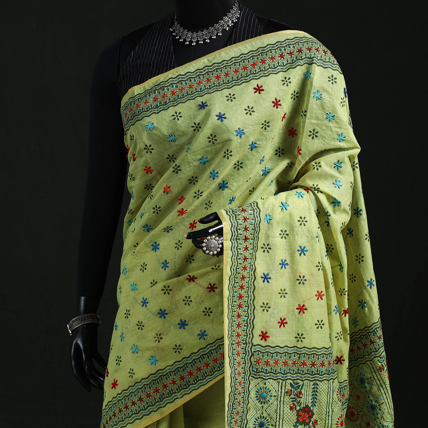 Bengal Kantha Hand Embroidery Silk Cotton Chapa Work Saree 89