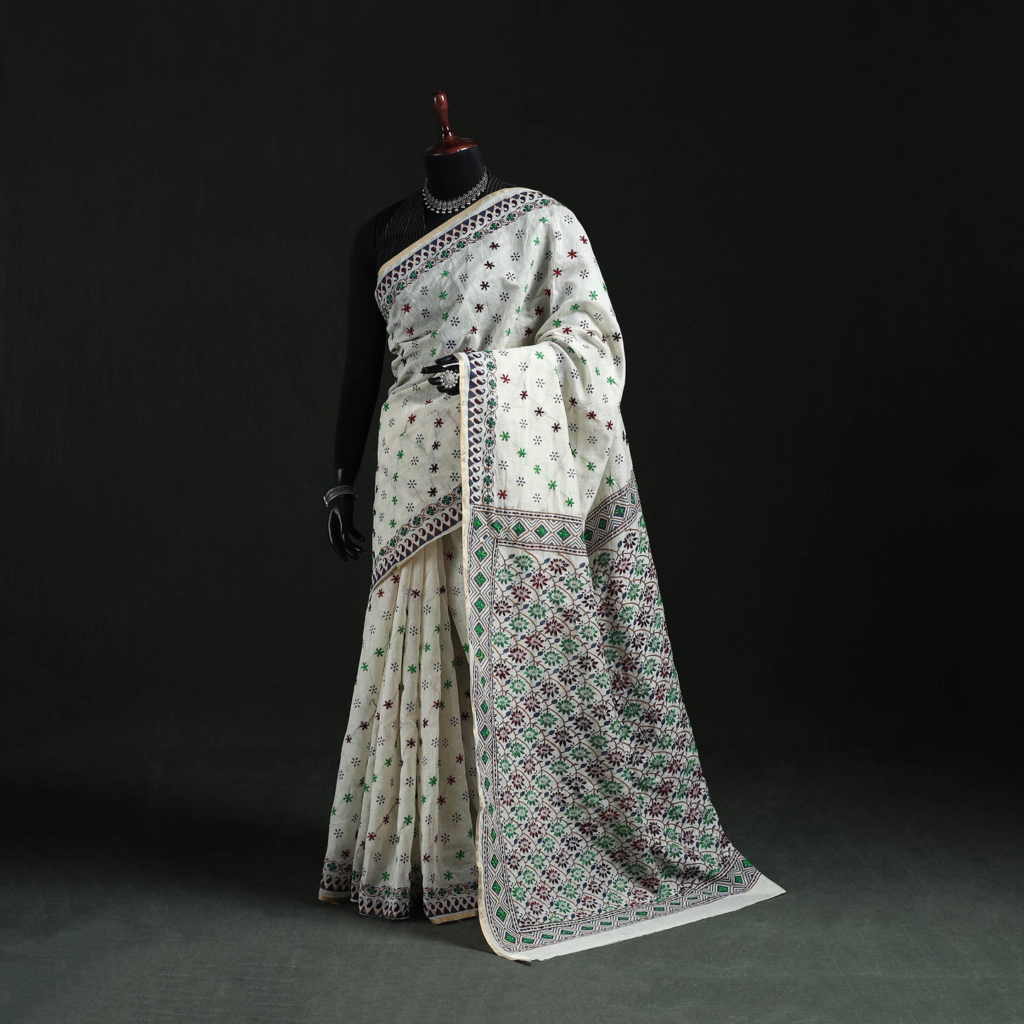 Gray - Bengal Kantha Hand Embroidery Silk Cotton Chapa Work Saree 91