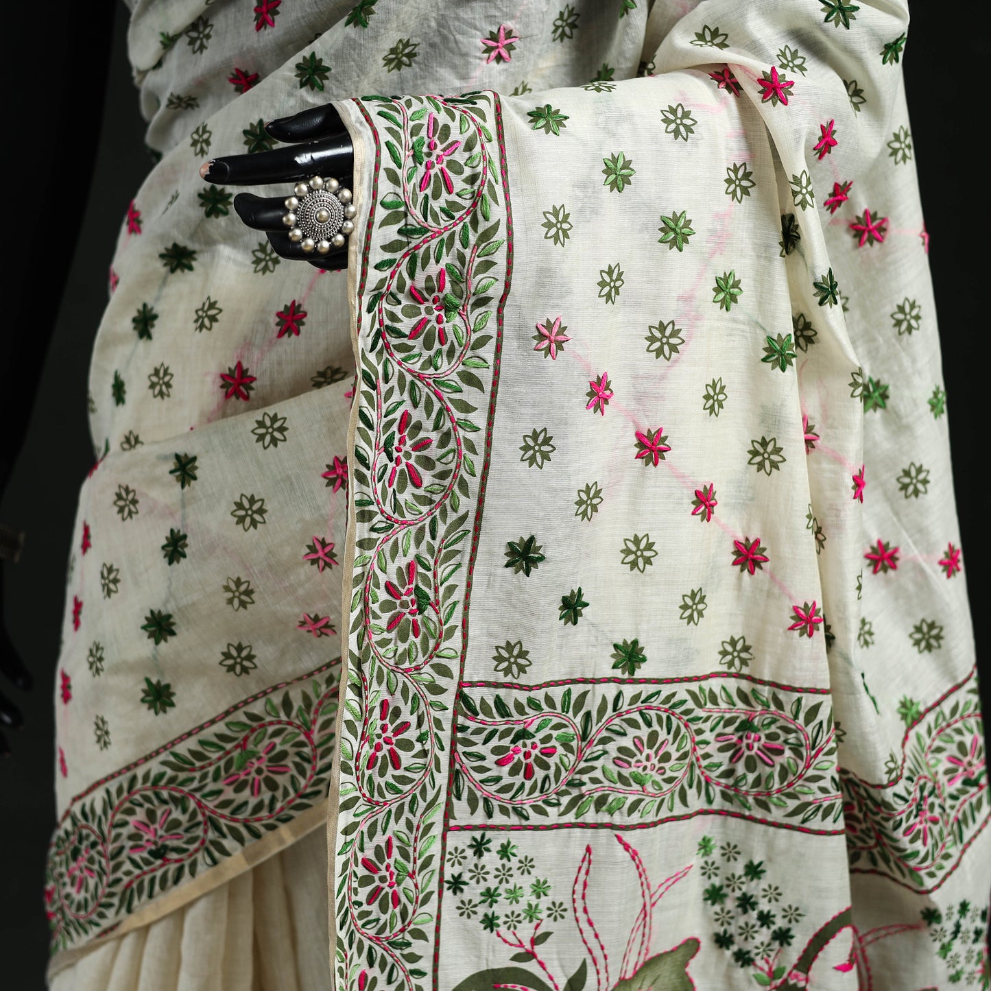 White - Bengal Kantha Hand Embroidery Silk Cotton Chapa Work Saree 92