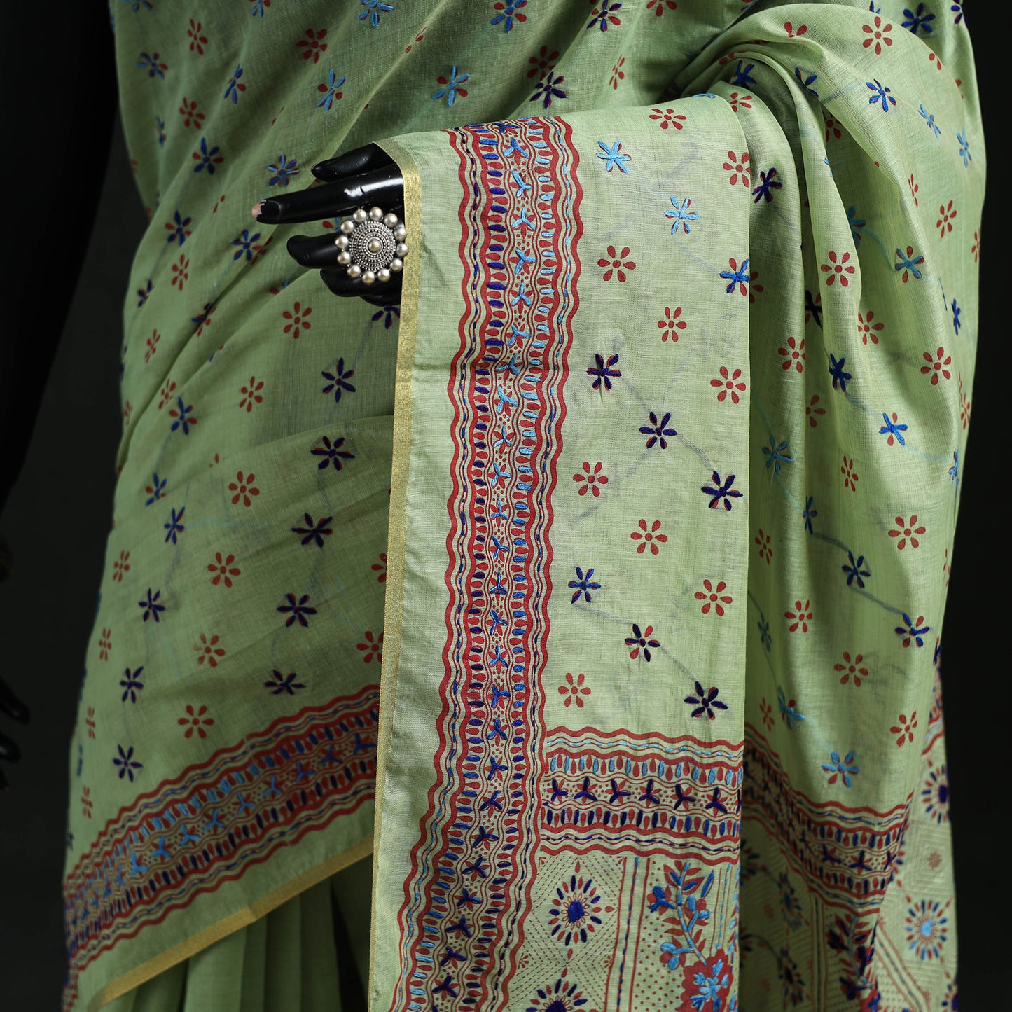 Green - Bengal Kantha Hand Embroidery Silk Cotton Chapa Work Saree 93