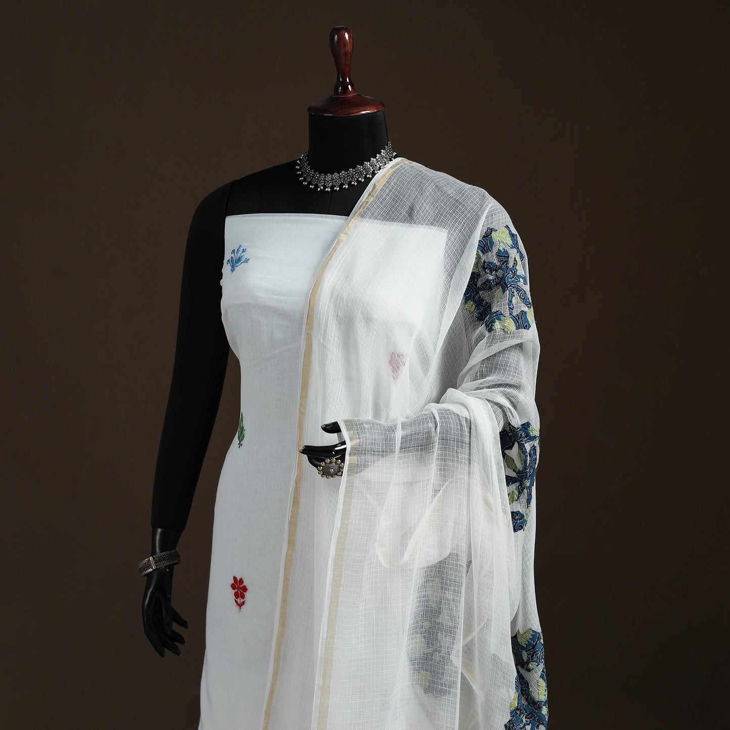 Kota Doria Cotton Barmer Applique Work Dupatta with Zari Border 11