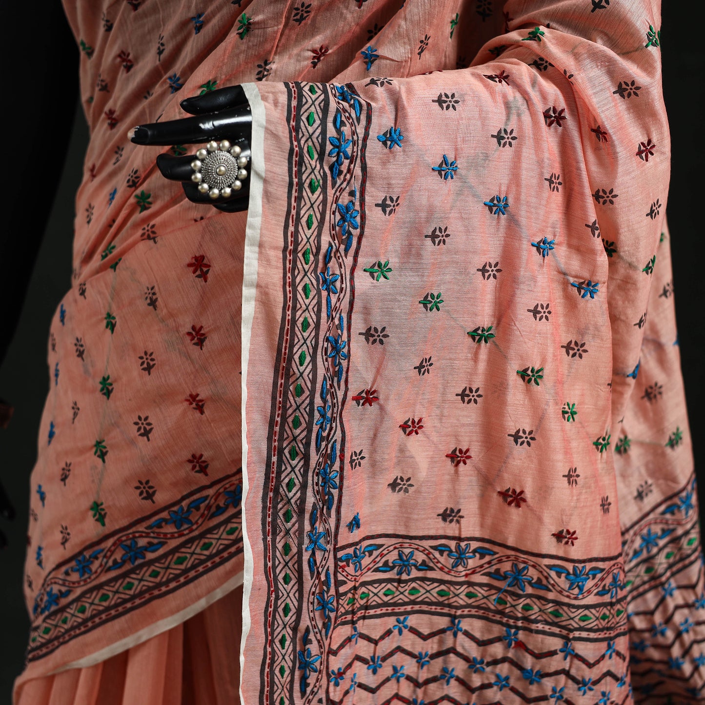 Peach - Bengal Kantha Hand Embroidery Silk Cotton Chapa Work Saree 94