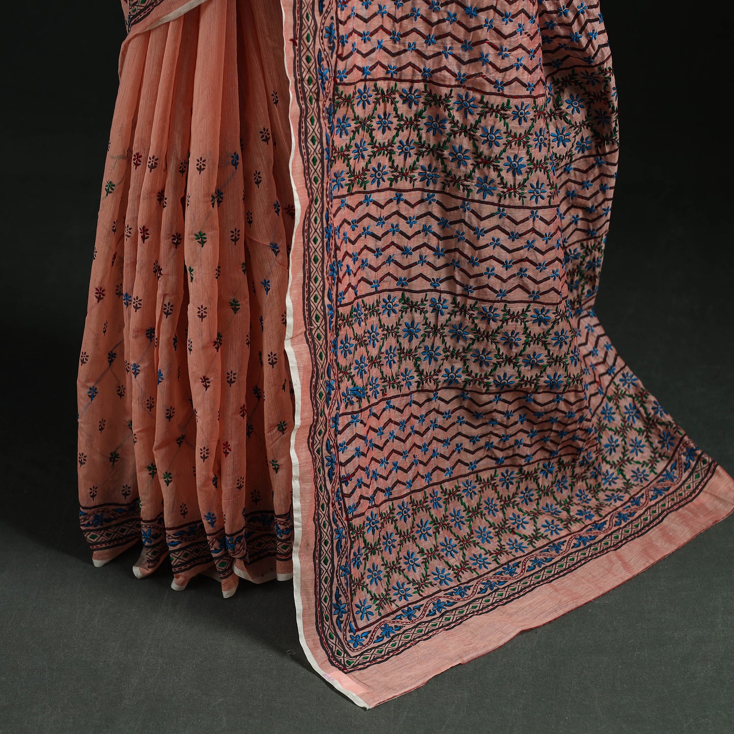 Peach - Bengal Kantha Hand Embroidery Silk Cotton Chapa Work Saree 94