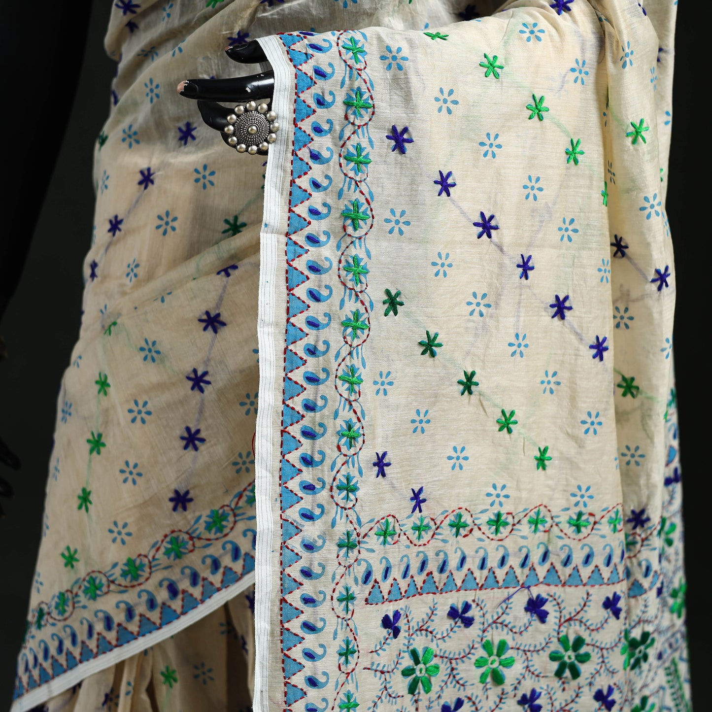 White - Bengal Kantha Hand Embroidery Silk Cotton Chapa Work Saree 96