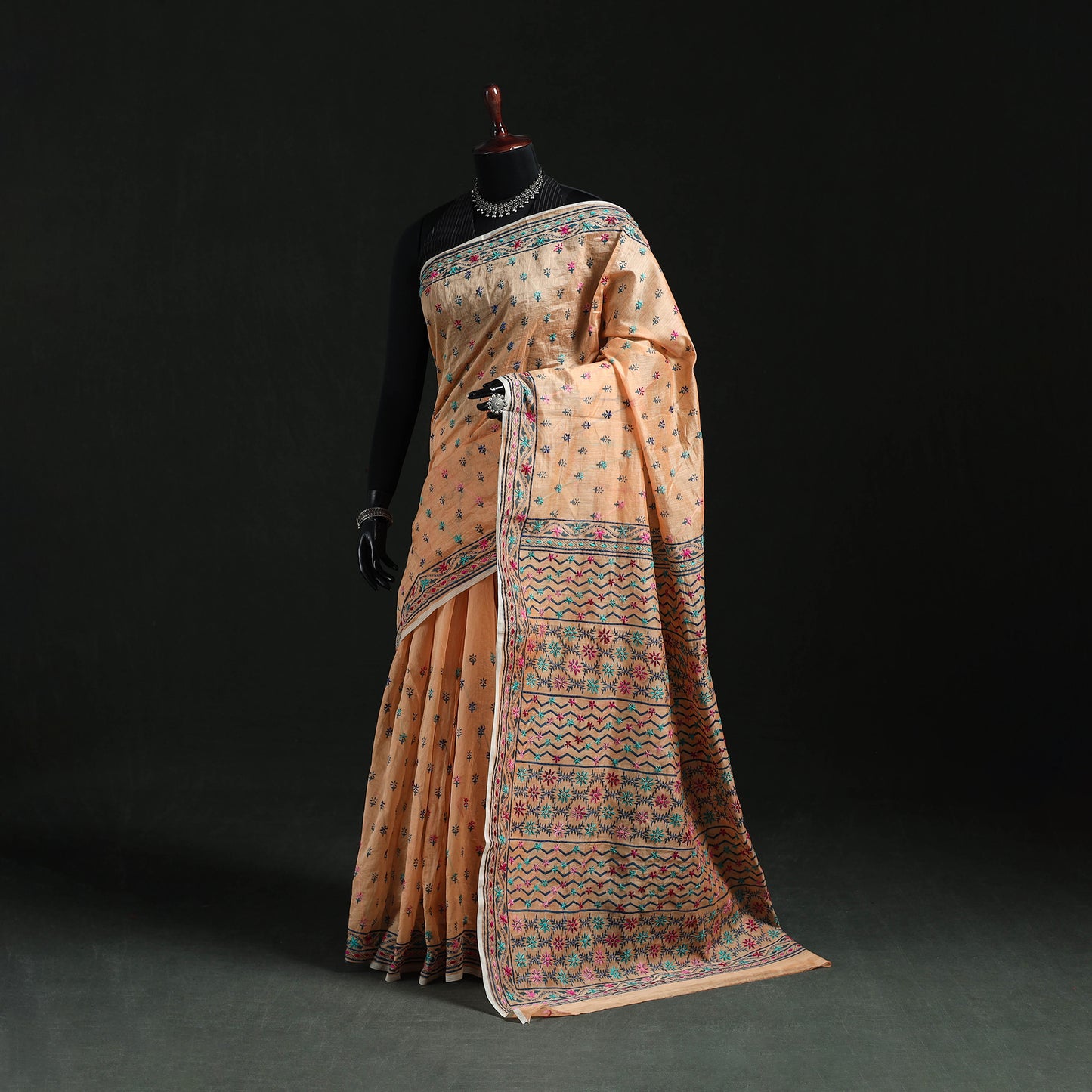 Beige - Bengal Kantha Hand Embroidery Silk Cotton Chapa Work Saree 98