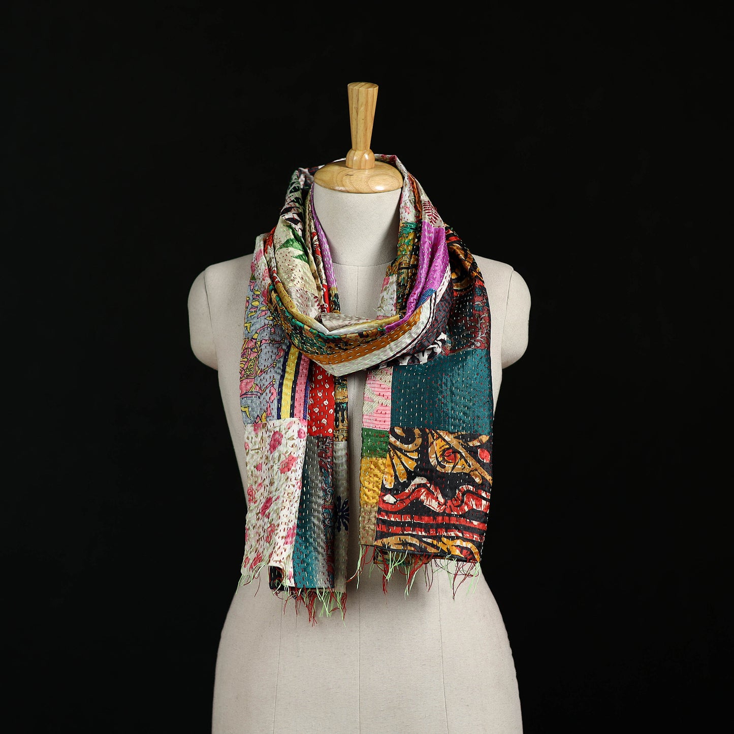 Bengal Kantha Handwork Patchwork Reversible Silk Stole 229