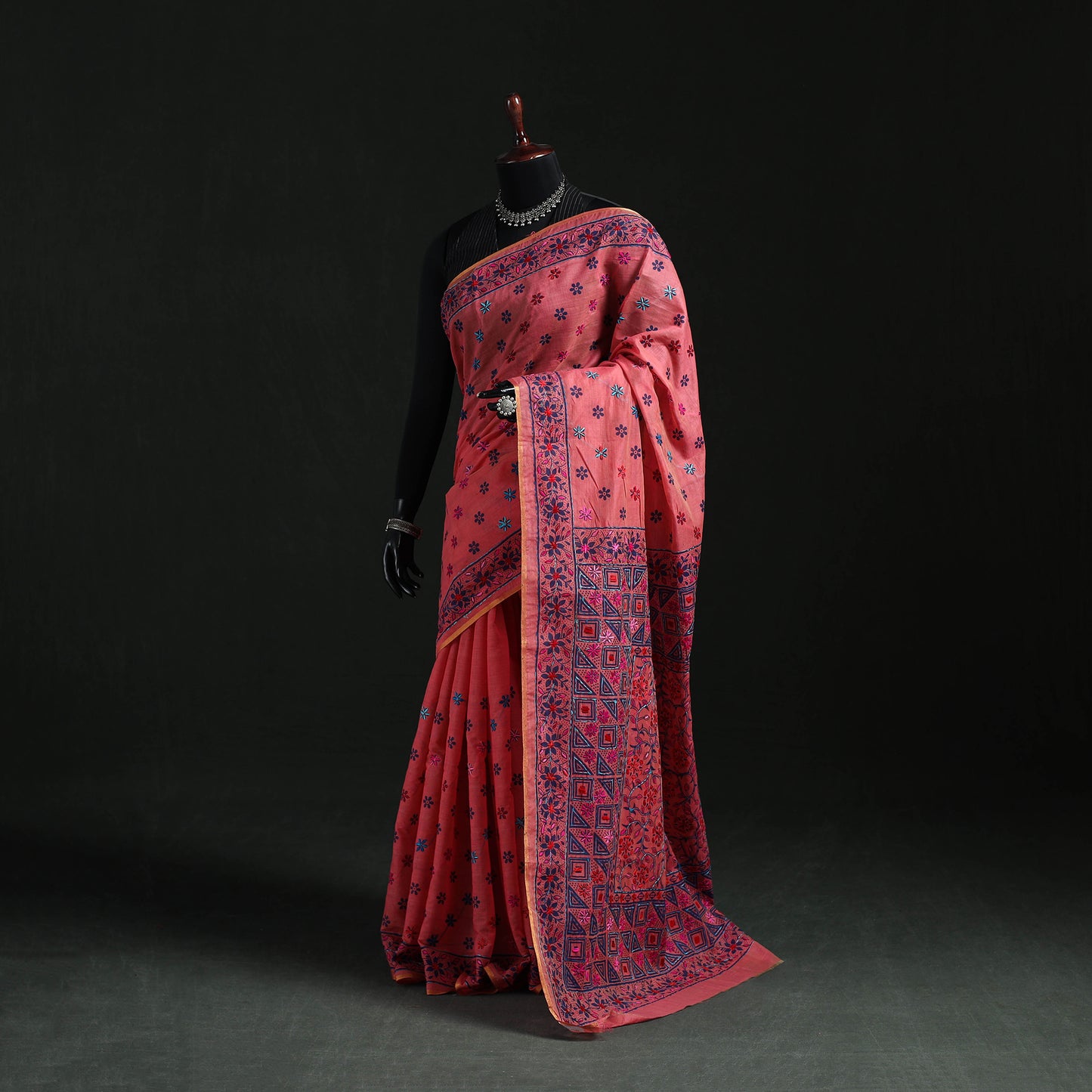 Pink - Bengal Kantha Hand Embroidery Silk Cotton Chapa Work Saree 99