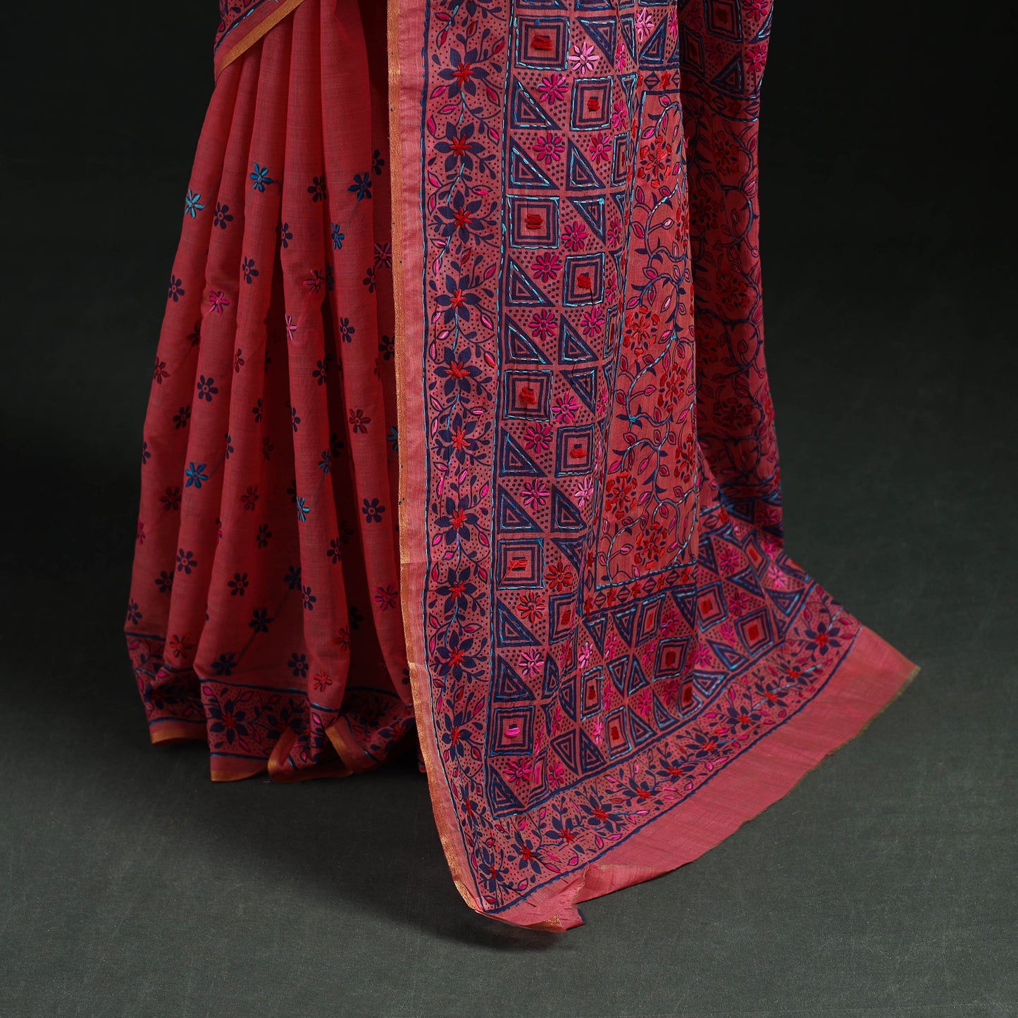 Pink - Bengal Kantha Hand Embroidery Silk Cotton Chapa Work Saree 99