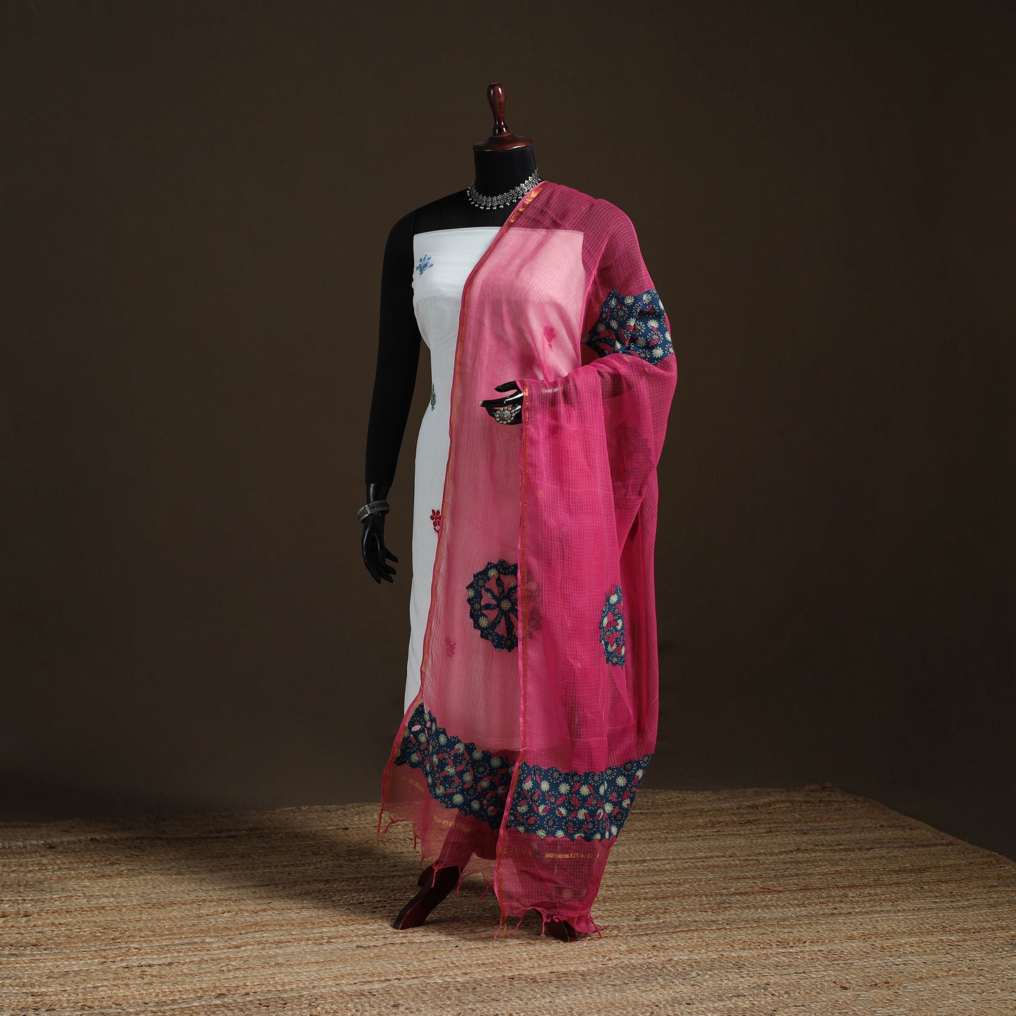 Kota Doria Cotton Barmer Applique Work Dupatta with Zari Border 18