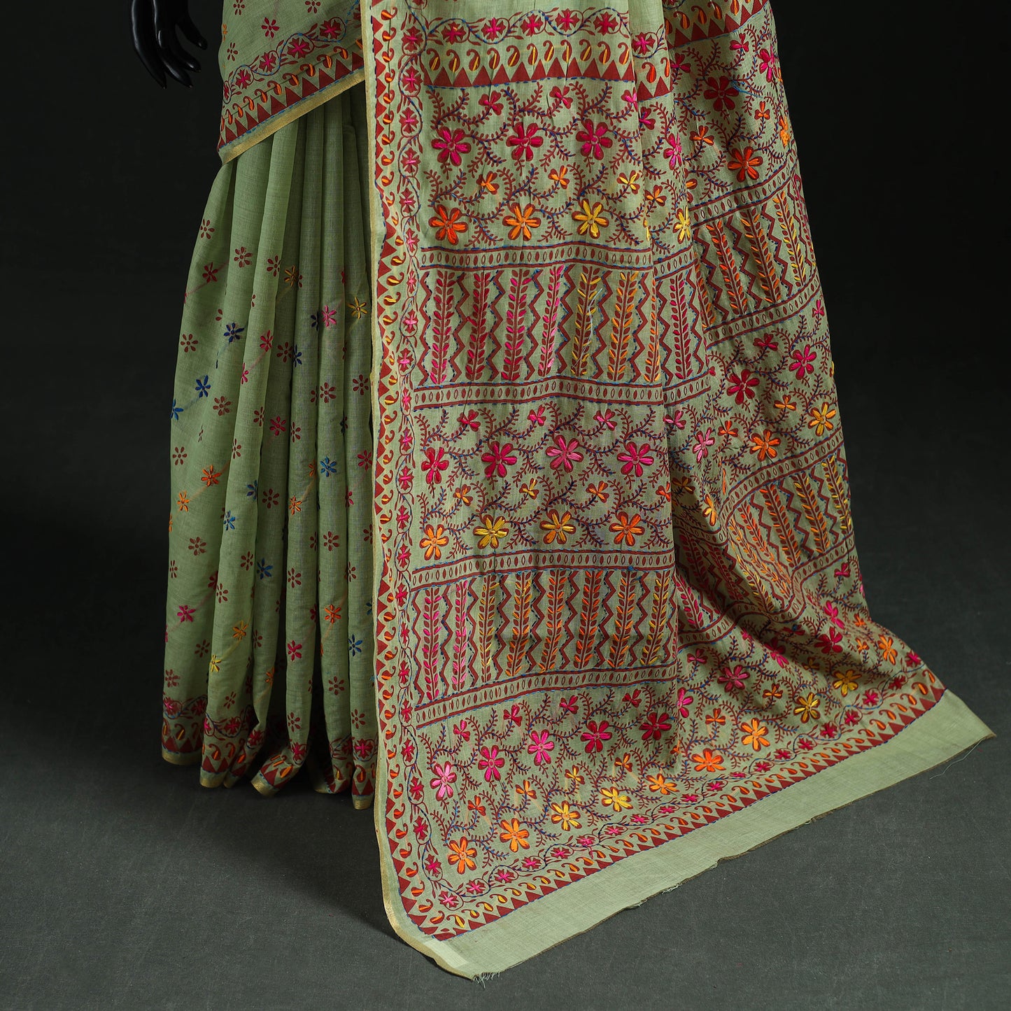 Green - Bengal Kantha Hand Embroidery Silk Cotton Chapa Work Saree 100