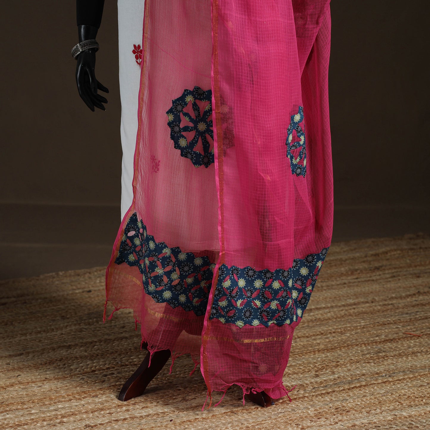 Kota Doria Cotton Barmer Applique Work Dupatta with Zari Border 18