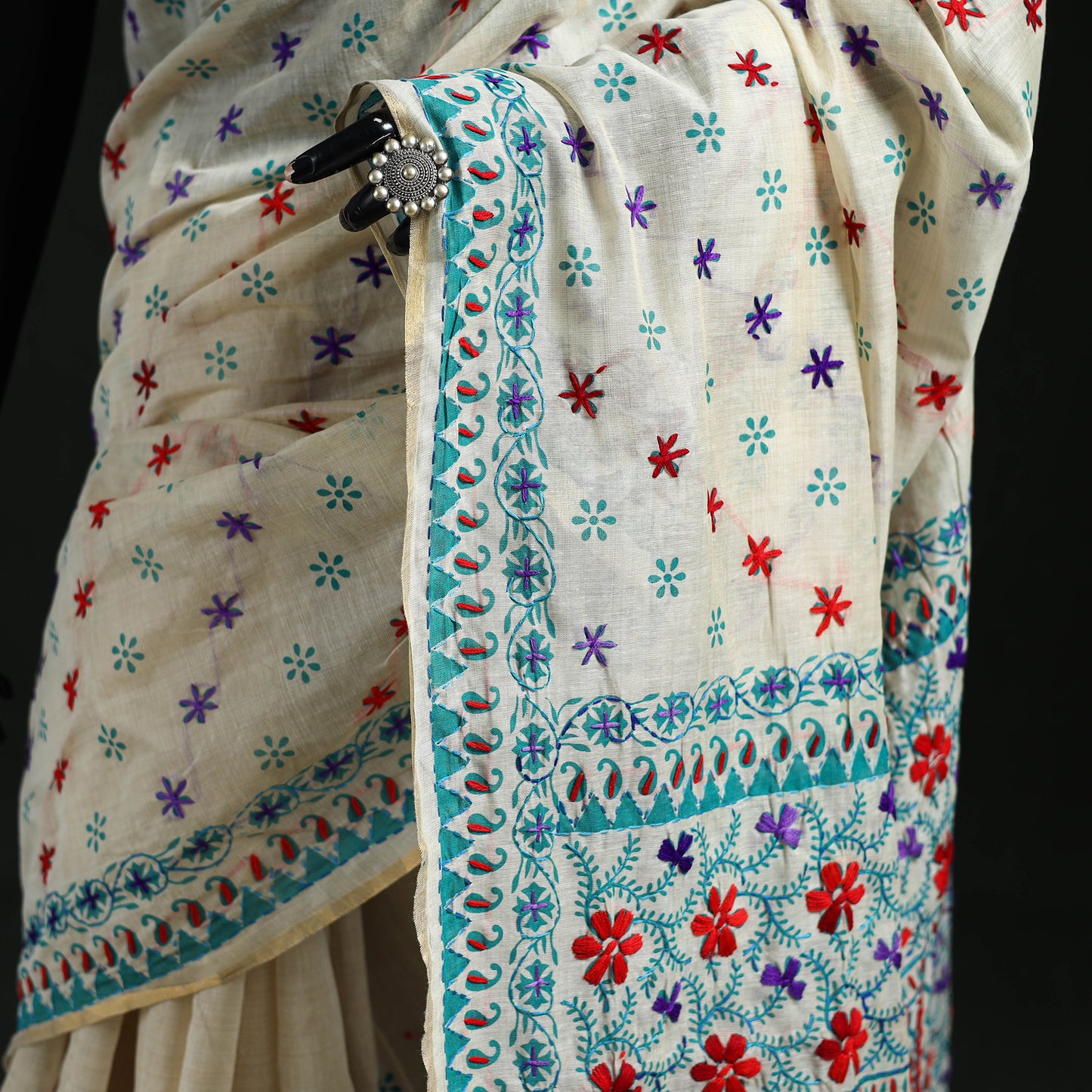 White - Bengal Kantha Hand Embroidery Silk Cotton Chapa Work Saree 102