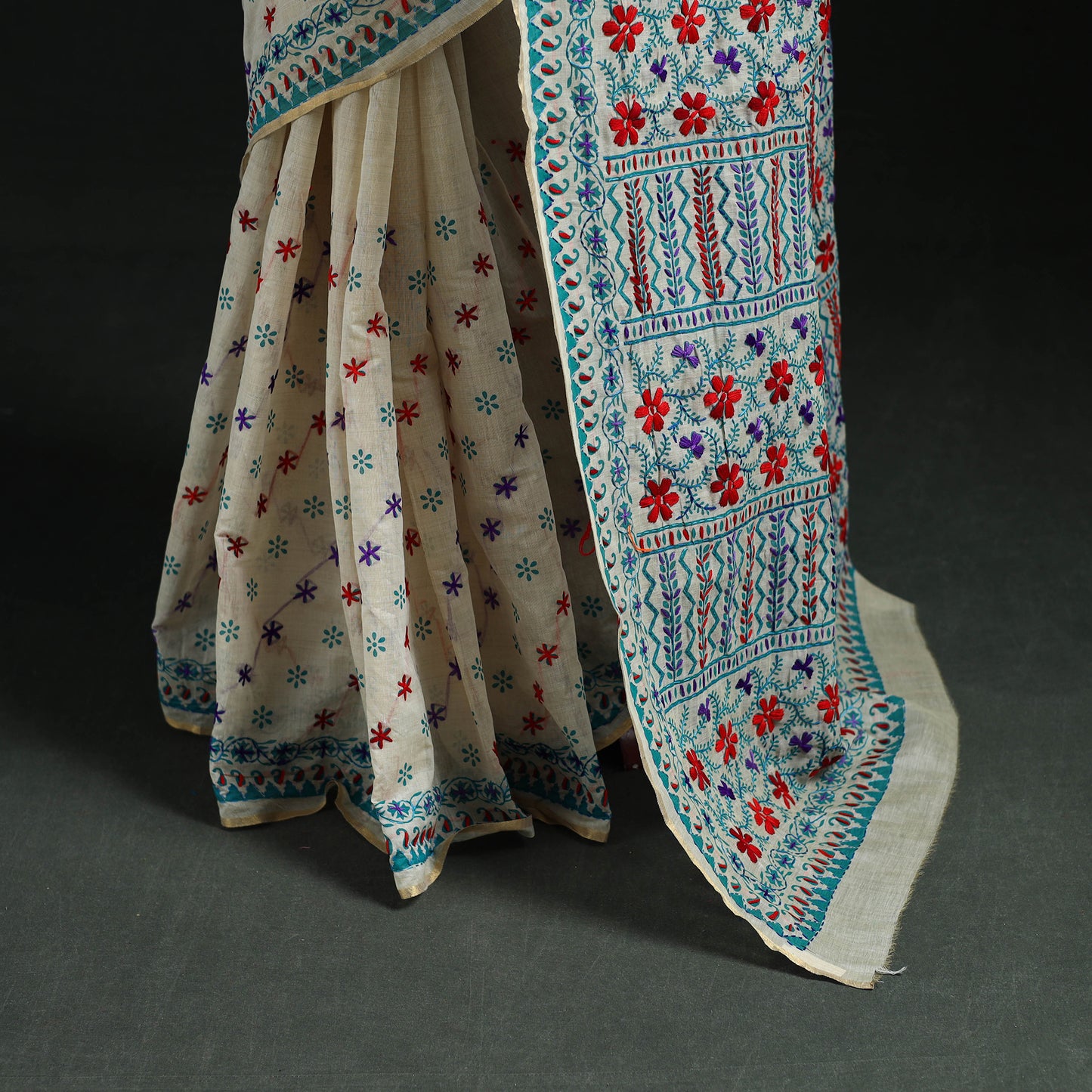 White - Bengal Kantha Hand Embroidery Silk Cotton Chapa Work Saree 102