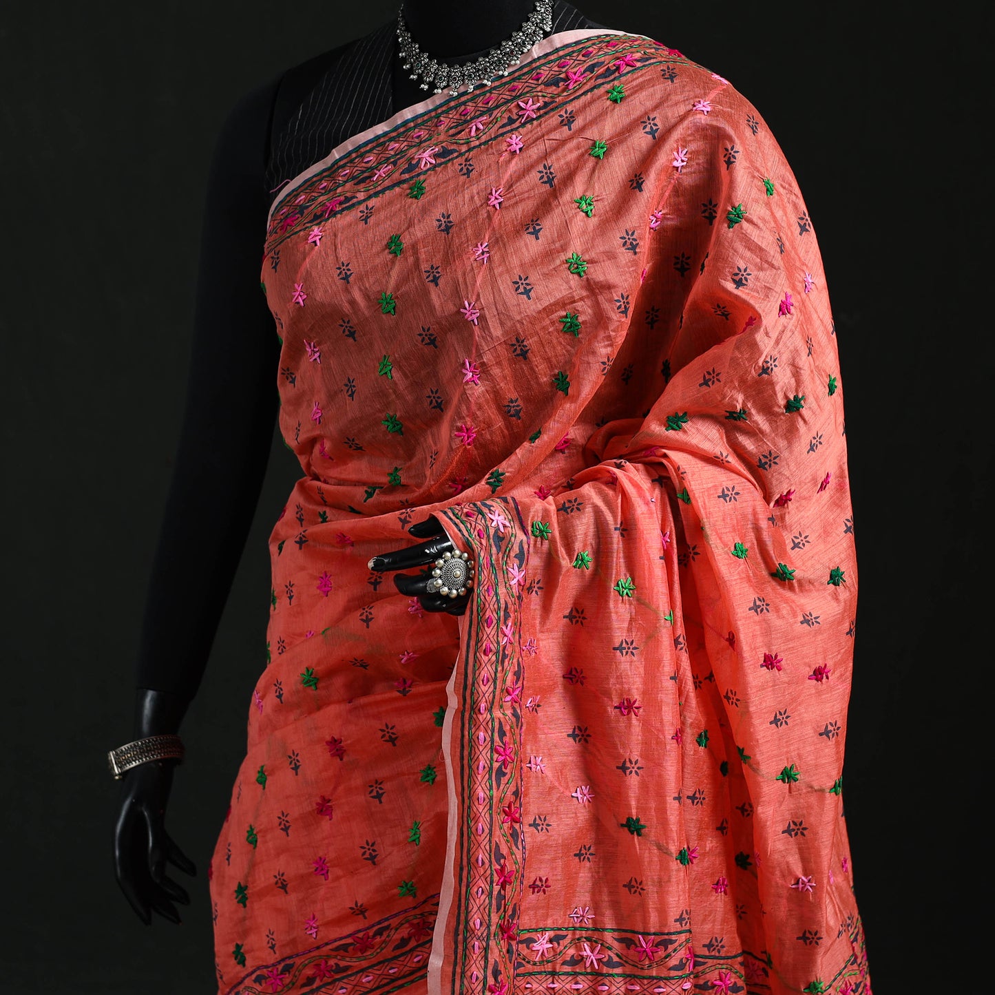 Red - Bengal Kantha Hand Embroidery Silk Cotton Chapa Work Saree 103