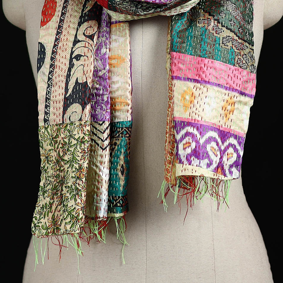 Bengal Kantha Handwork Patchwork Reversible Silk Stole 257