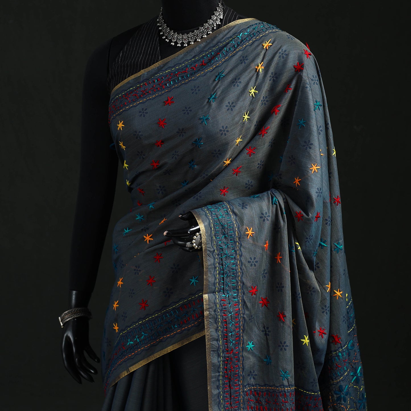 Bengal Kantha Hand Embroidery Silk Cotton Chapa Work Saree 104