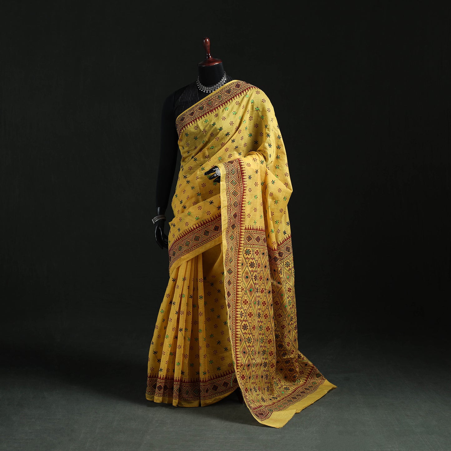 Yellow - Bengal Kantha Hand Embroidery Silk Cotton Chapa Work Saree 105