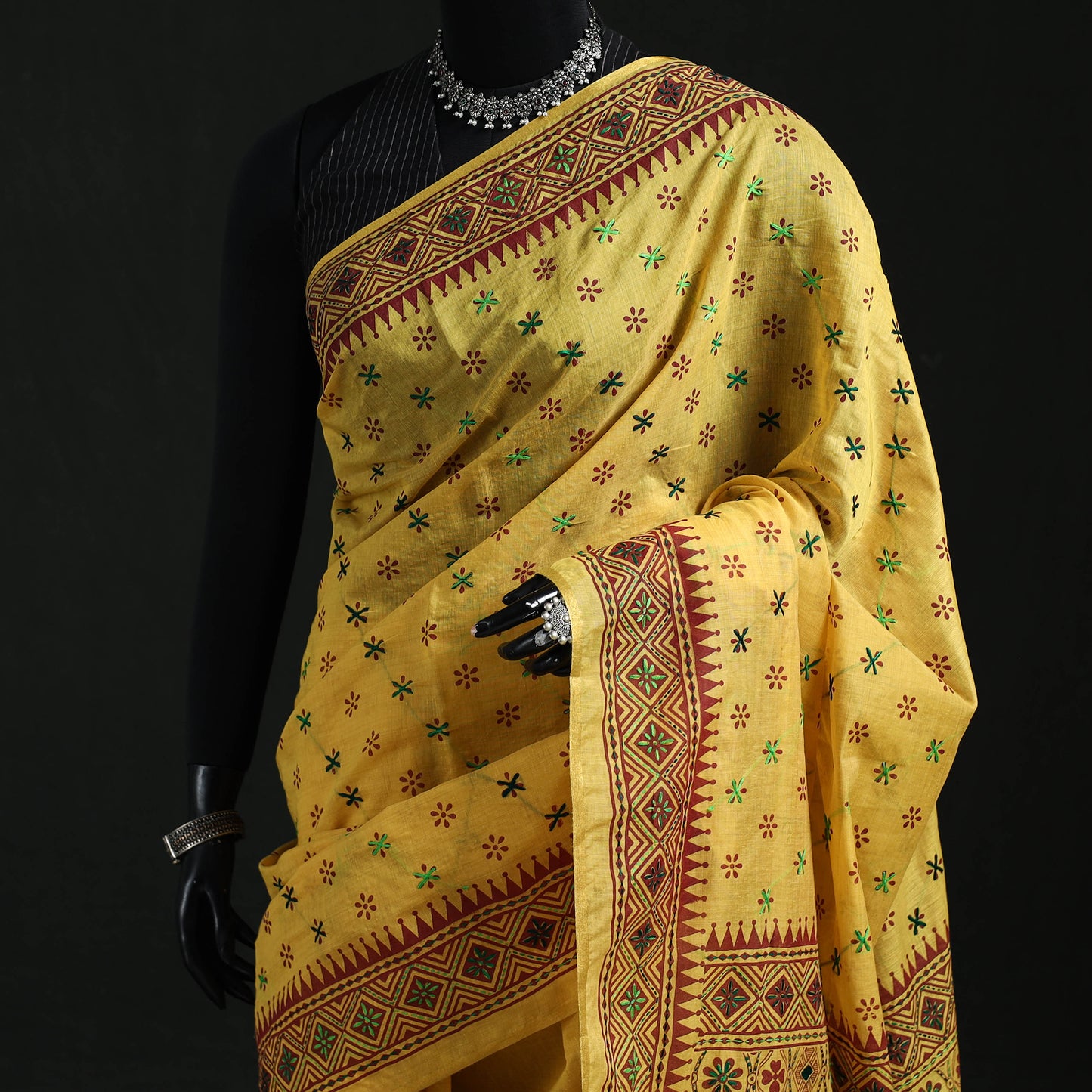 Yellow - Bengal Kantha Hand Embroidery Silk Cotton Chapa Work Saree 105