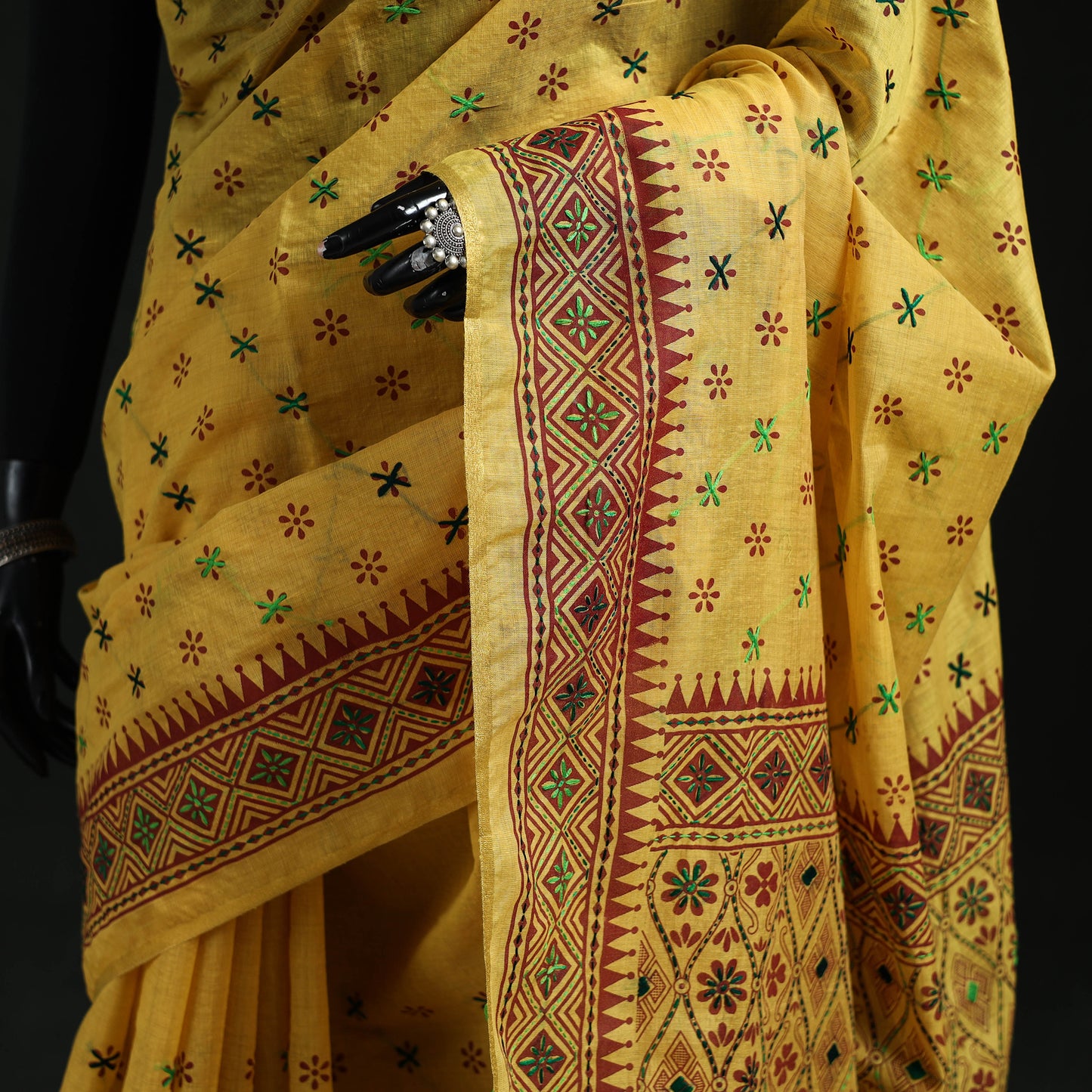 Yellow - Bengal Kantha Hand Embroidery Silk Cotton Chapa Work Saree 105