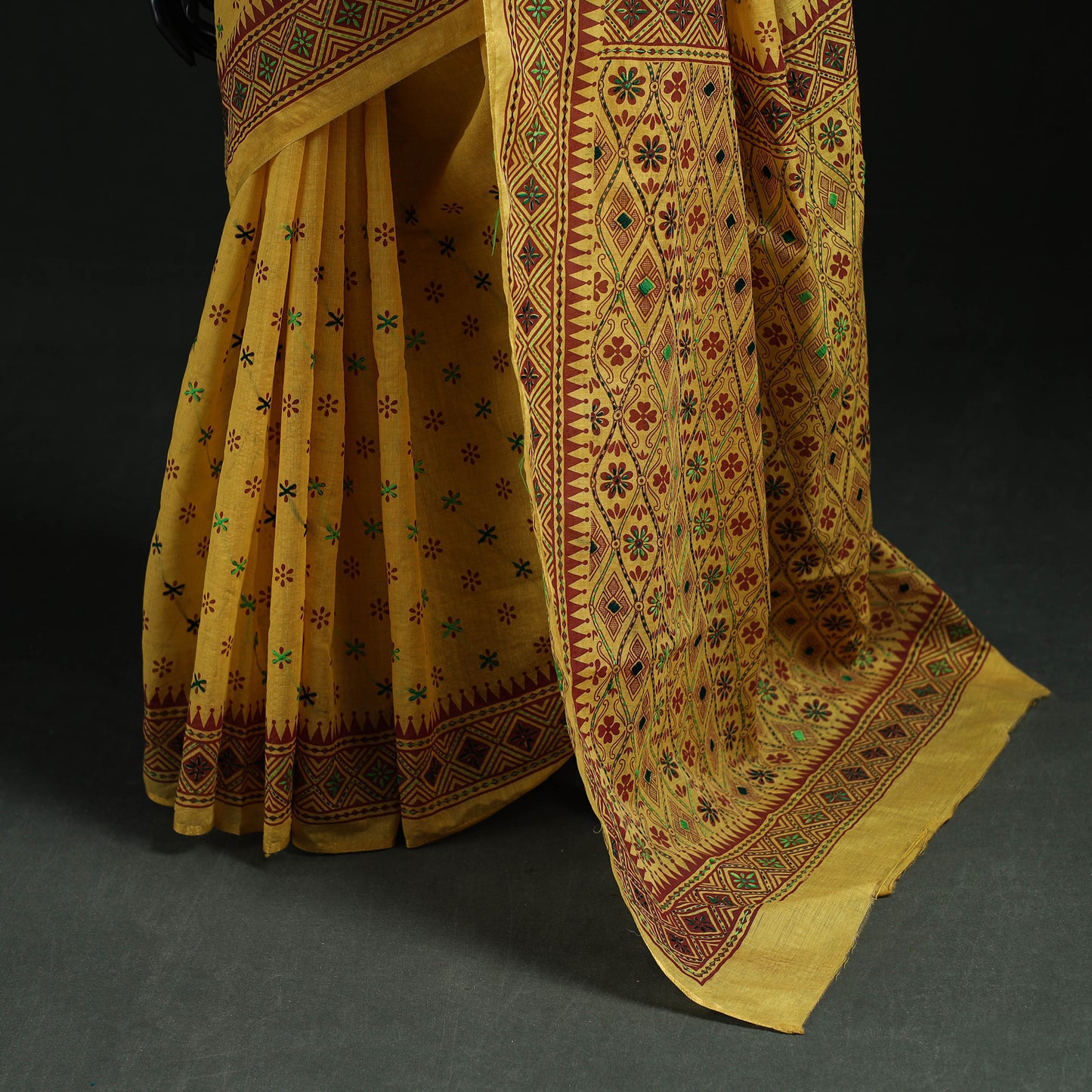 Yellow - Bengal Kantha Hand Embroidery Silk Cotton Chapa Work Saree 105