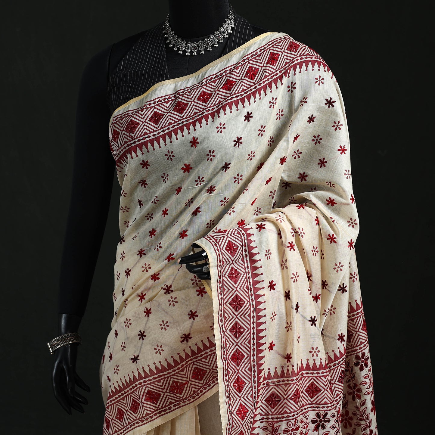 Bengal Kantha Hand Embroidery Silk Cotton Chapa Work Saree 106