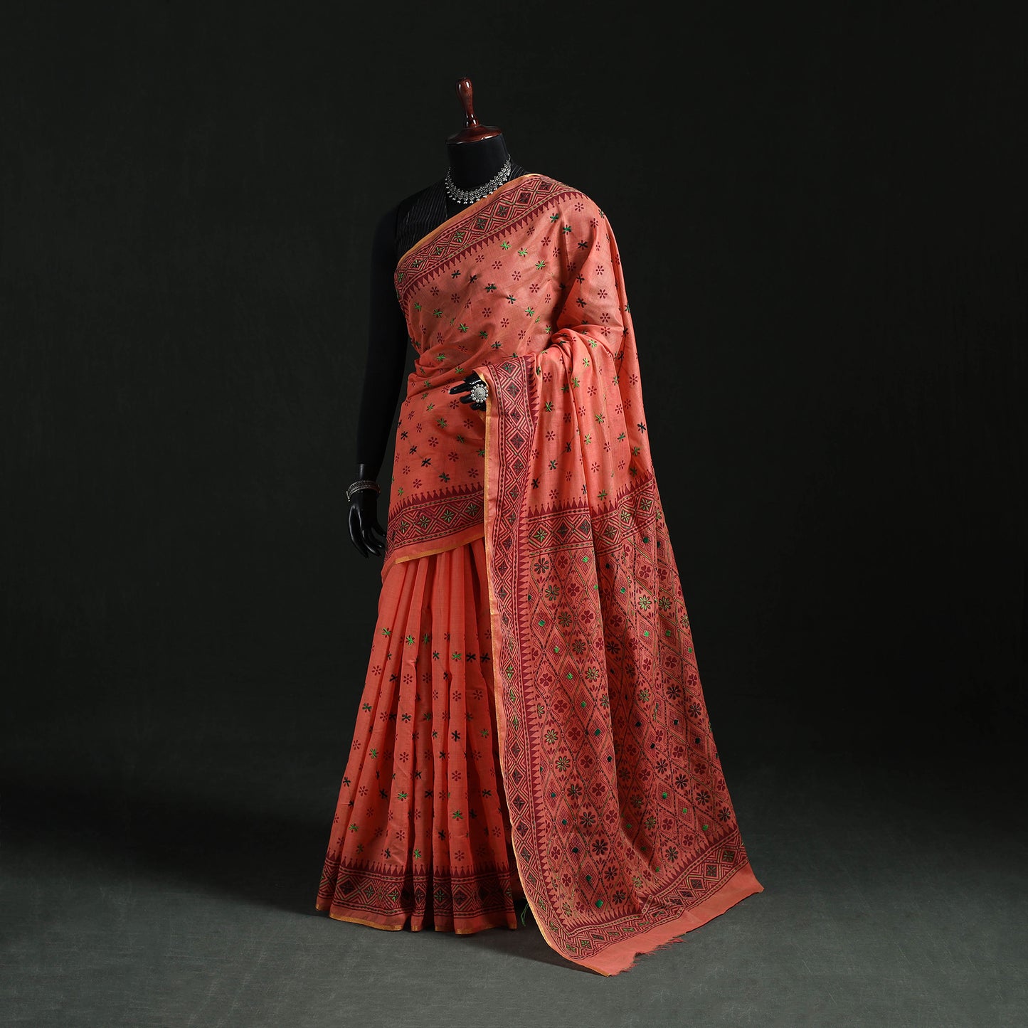 Peach - Bengal Kantha Hand Embroidery Silk Cotton Chapa Work Saree 108
