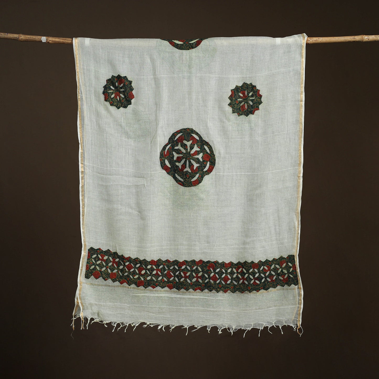 Kota Doria Cotton Barmer Applique Work Dupatta with Zari Border 03