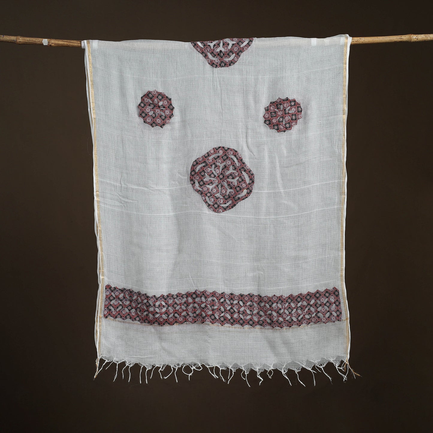 Kota Doria Cotton Barmer Applique Work Dupatta with Zari Border 01