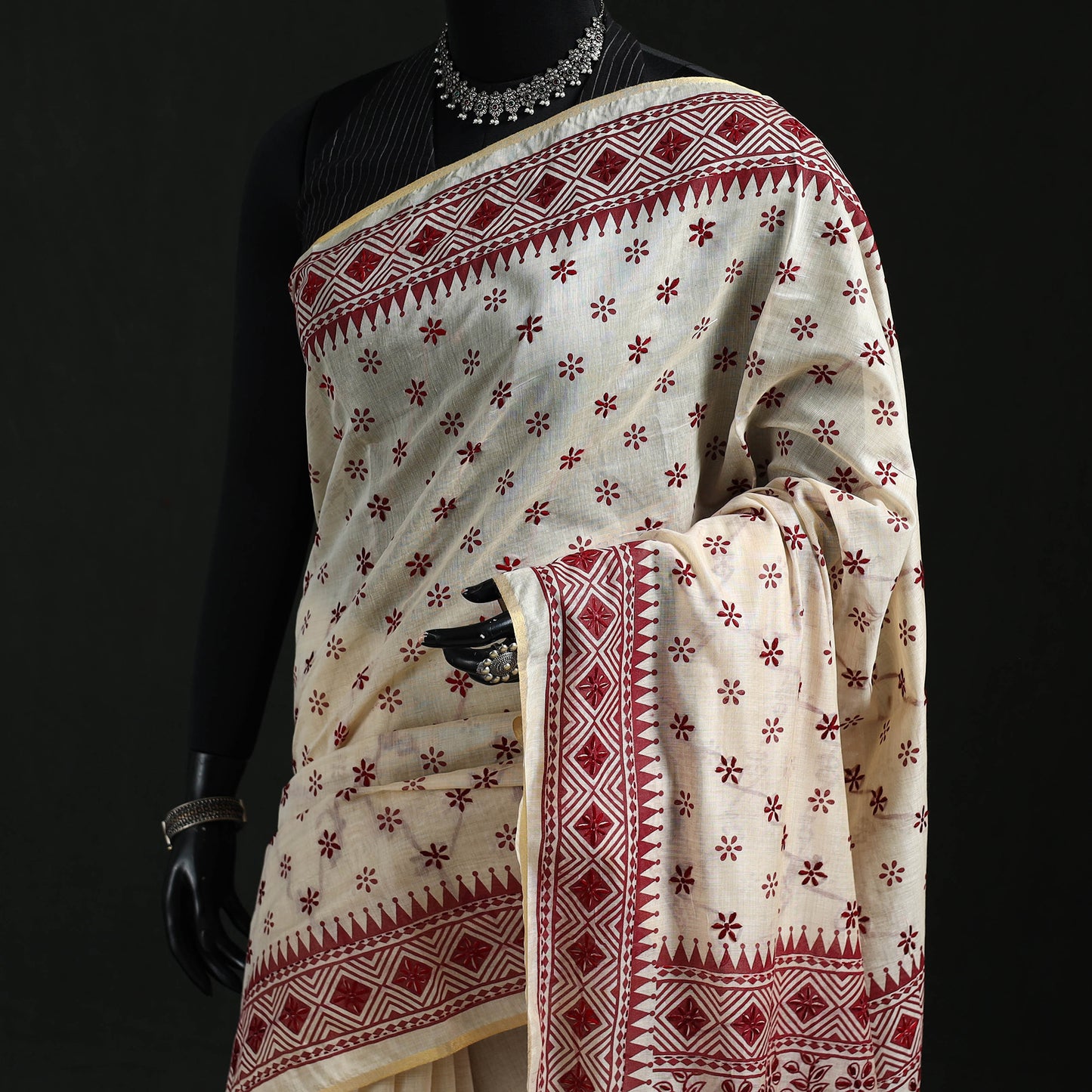 White - Bengal Kantha Hand Embroidery Silk Cotton Chapa Work Saree 111