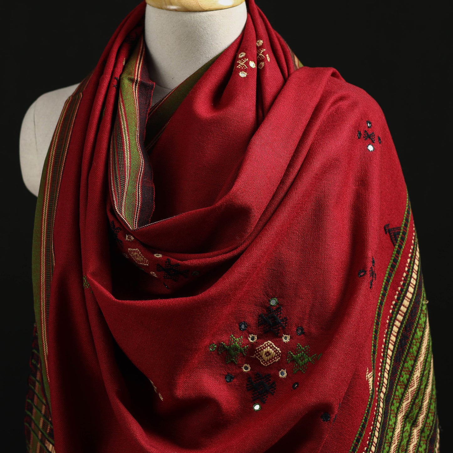 Kutch Handwoven Mirror Work Chomuk Buta Acrylic Wool Shawl 07