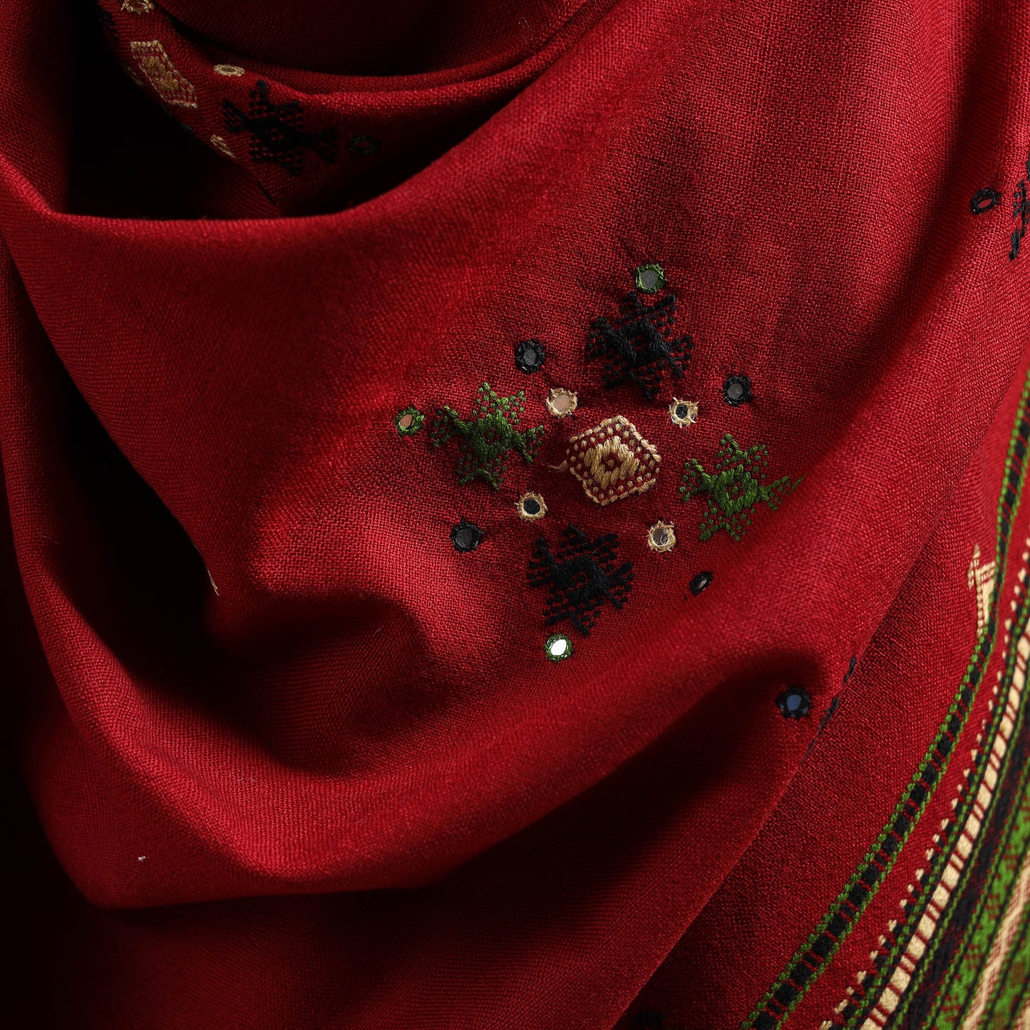 Kutch Handwoven Mirror Work Chomuk Buta Acrylic Wool Shawl 07