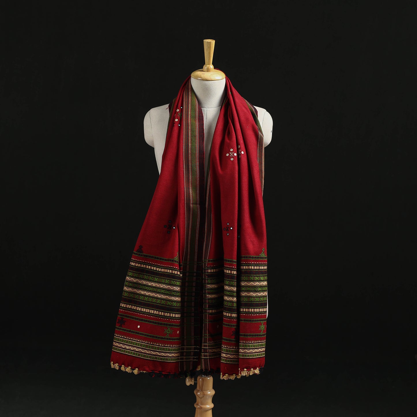 Kutch Handwoven Mirror Work Chomuk Buta Acrylic Wool Shawl 07