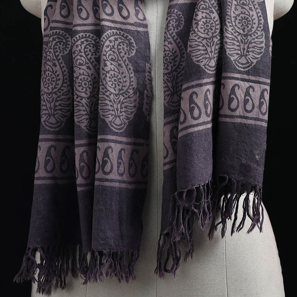 Handwoven Merino Wool Natural Dyed Hand Block Bagh Print Stole 01