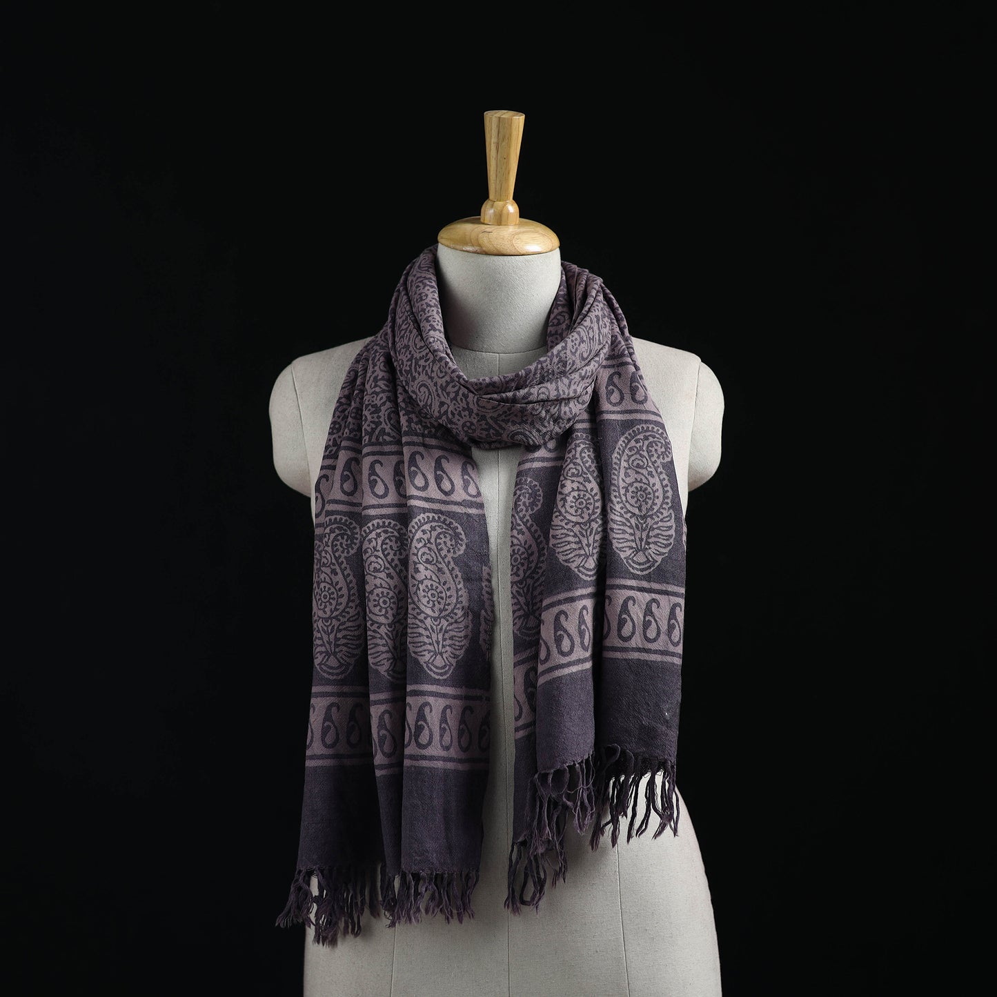 Handwoven Merino Wool Natural Dyed Hand Block Bagh Print Stole 01