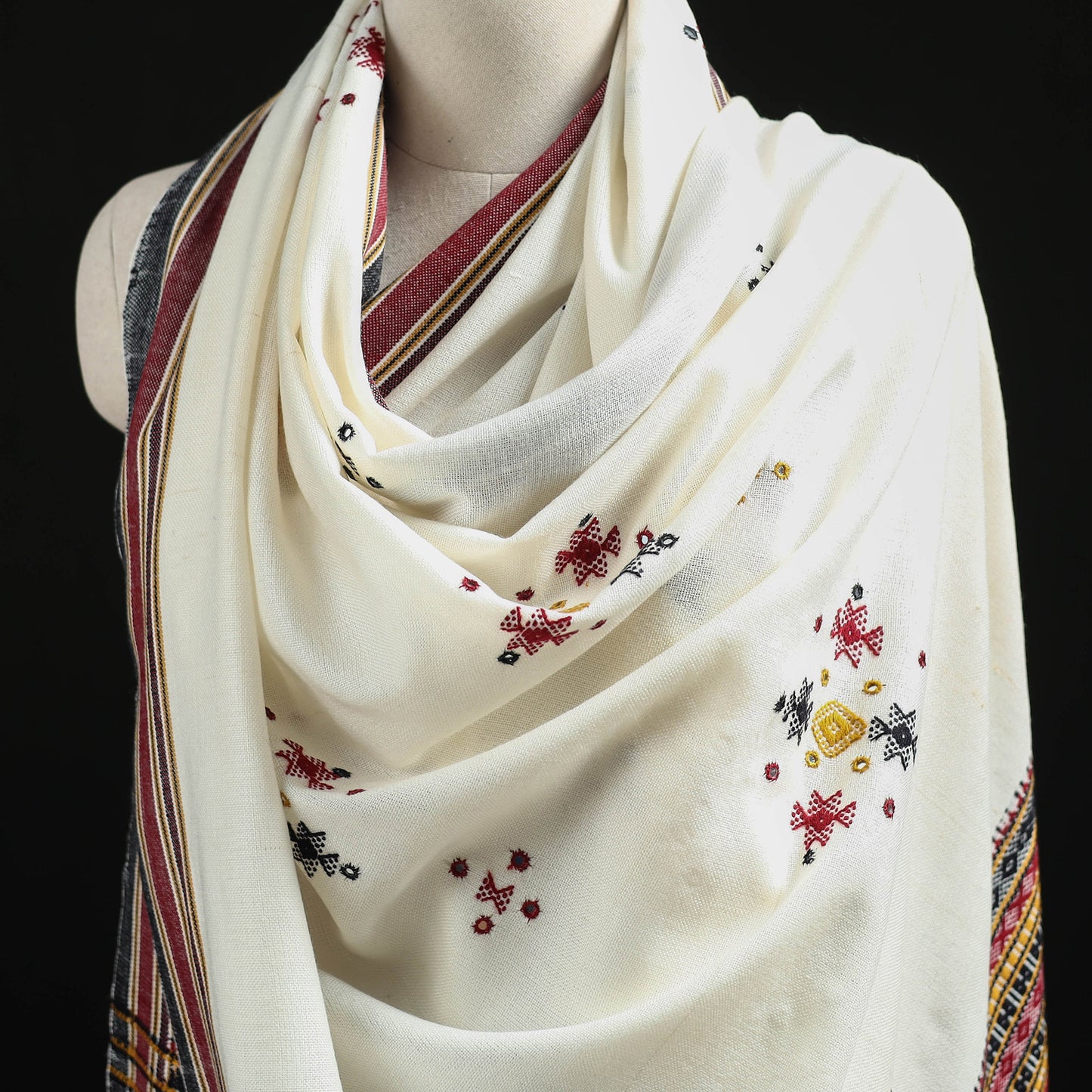 White - Kutch Handwoven Mirror Work Chomuk Buta Acrylic Wool Shawl 02