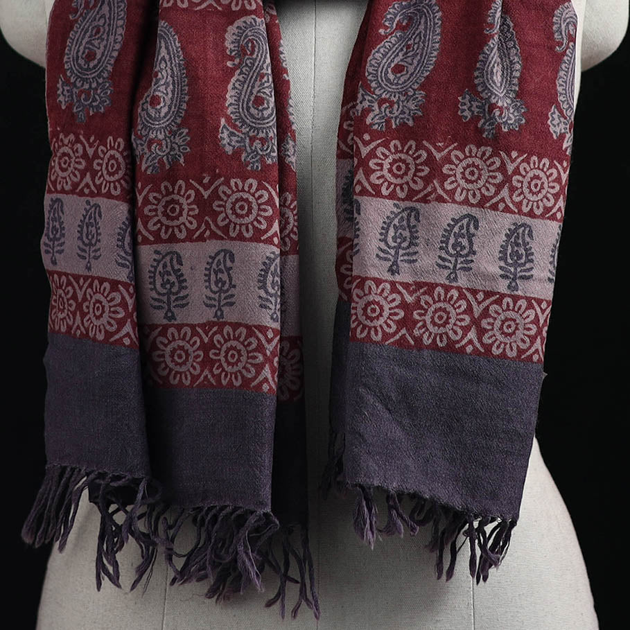 Handwoven Merino Wool Natural Dyed Hand Block Bagh Print Stole 02