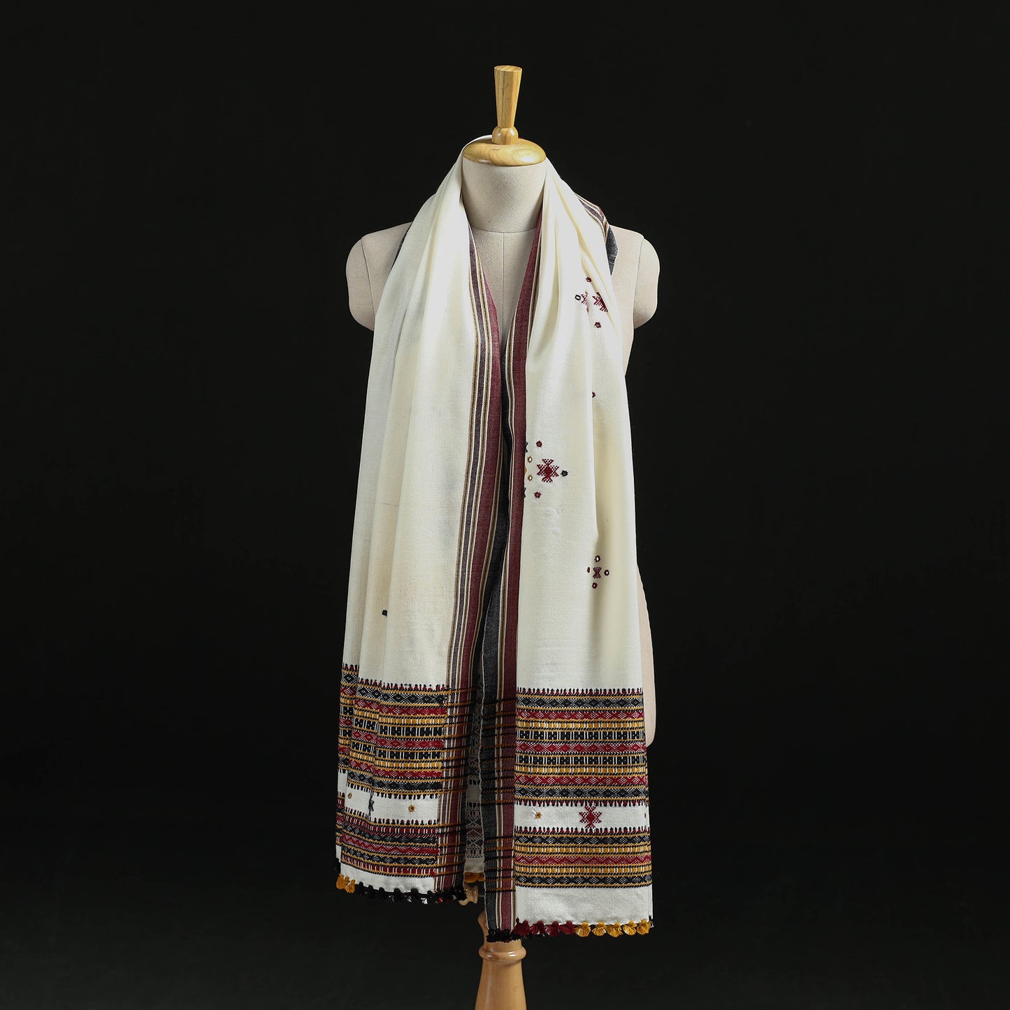 White - Kutch Handwoven Mirror Work Chomuk Buta Acrylic Wool Shawl 02