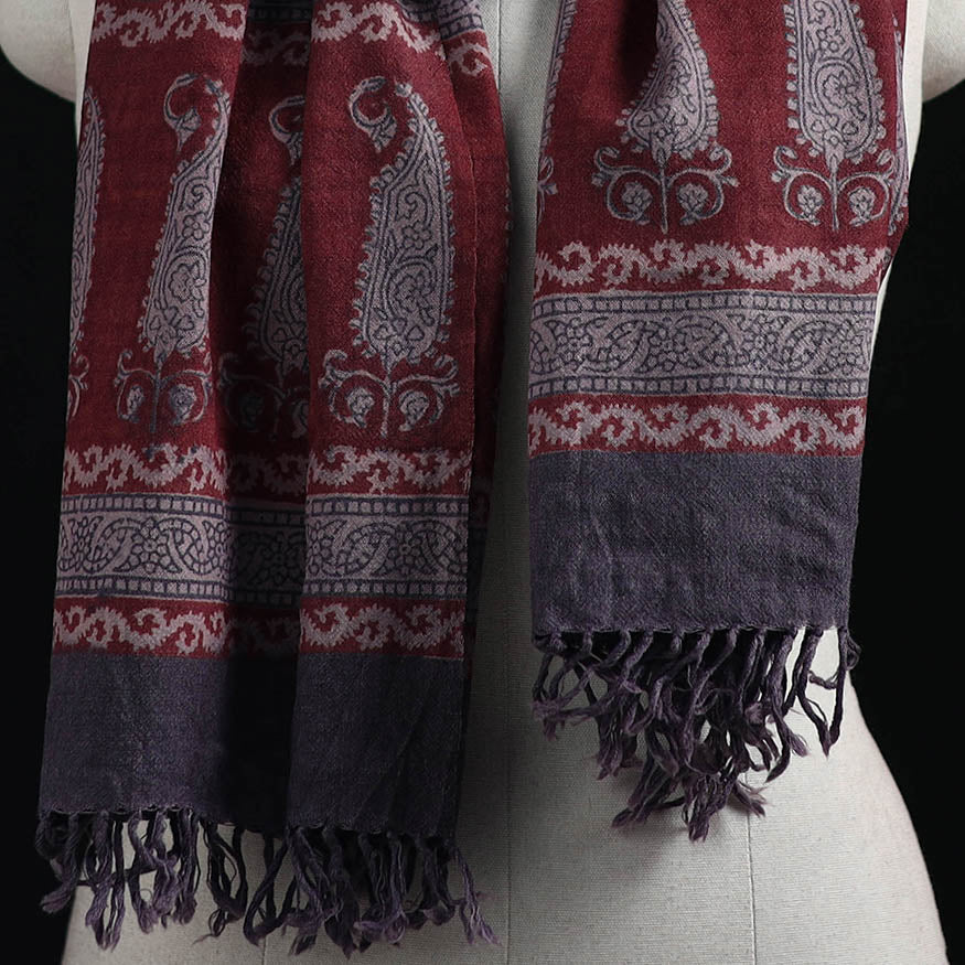 Handwoven Merino Wool Natural Dyed Hand Block Bagh Print Stole 03