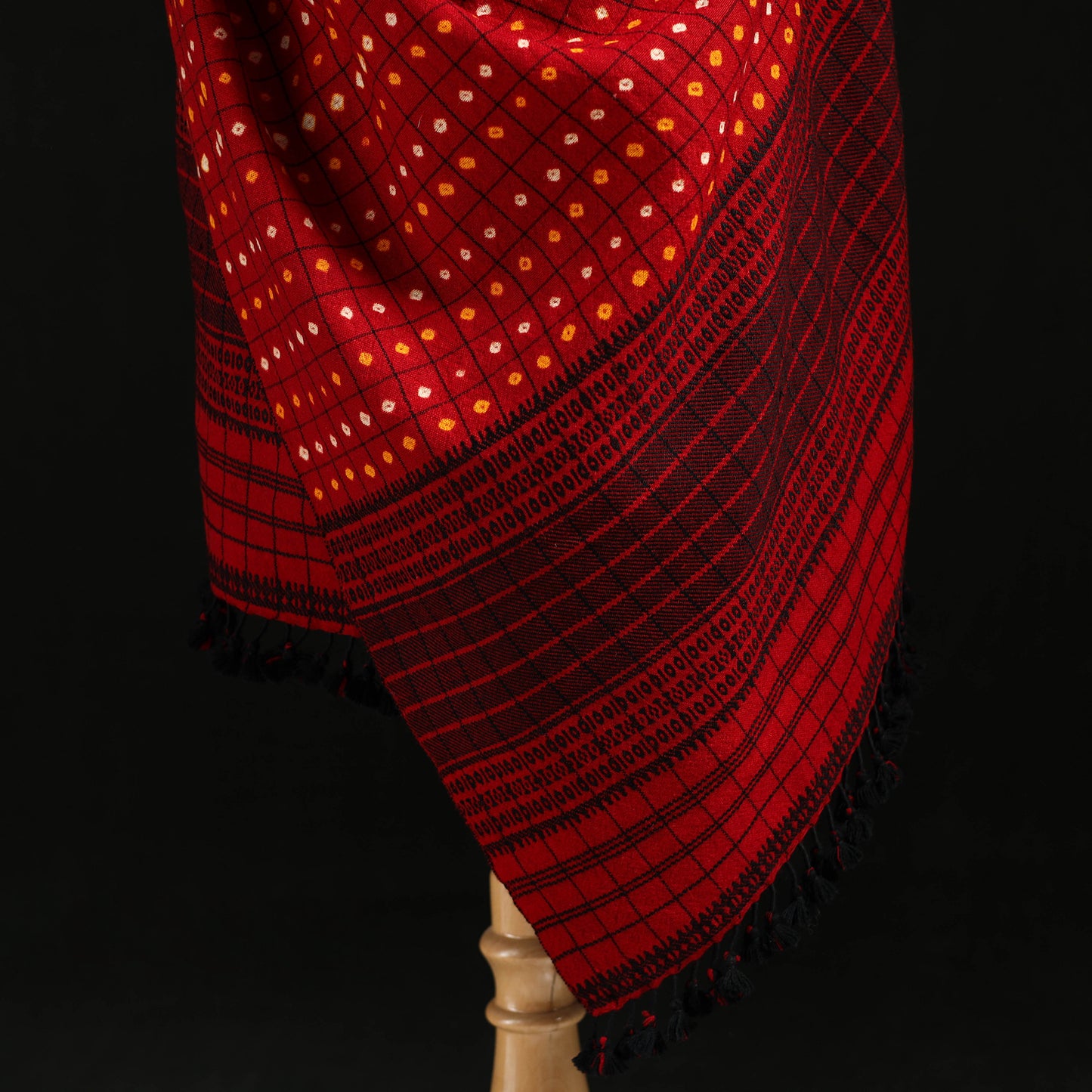 Kutch Handwoven Clamp Dyed Checks Bandhani Merino Wool Shawl 06