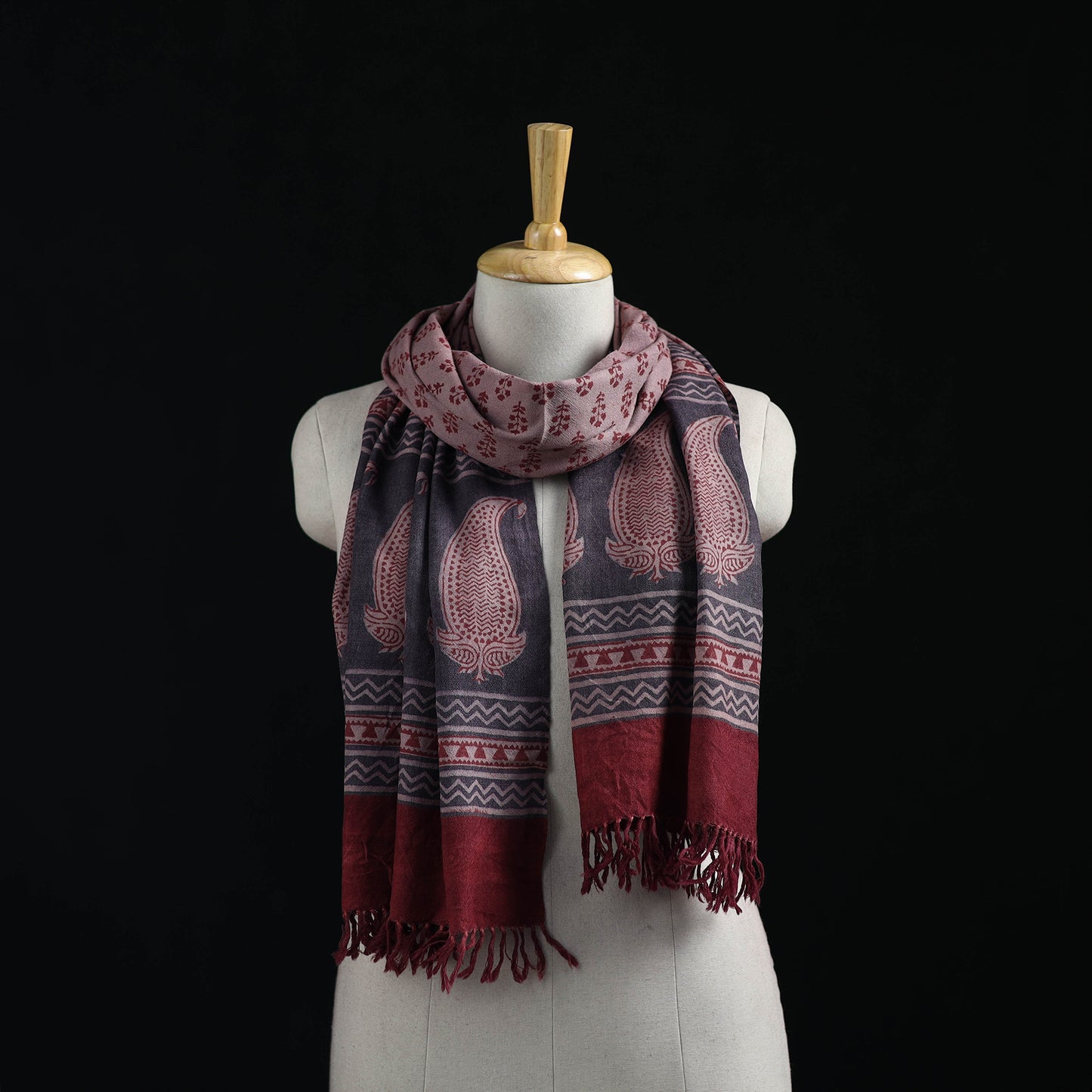 Handwoven Merino Wool Natural Dyed Hand Block Bagh Print Stole 04