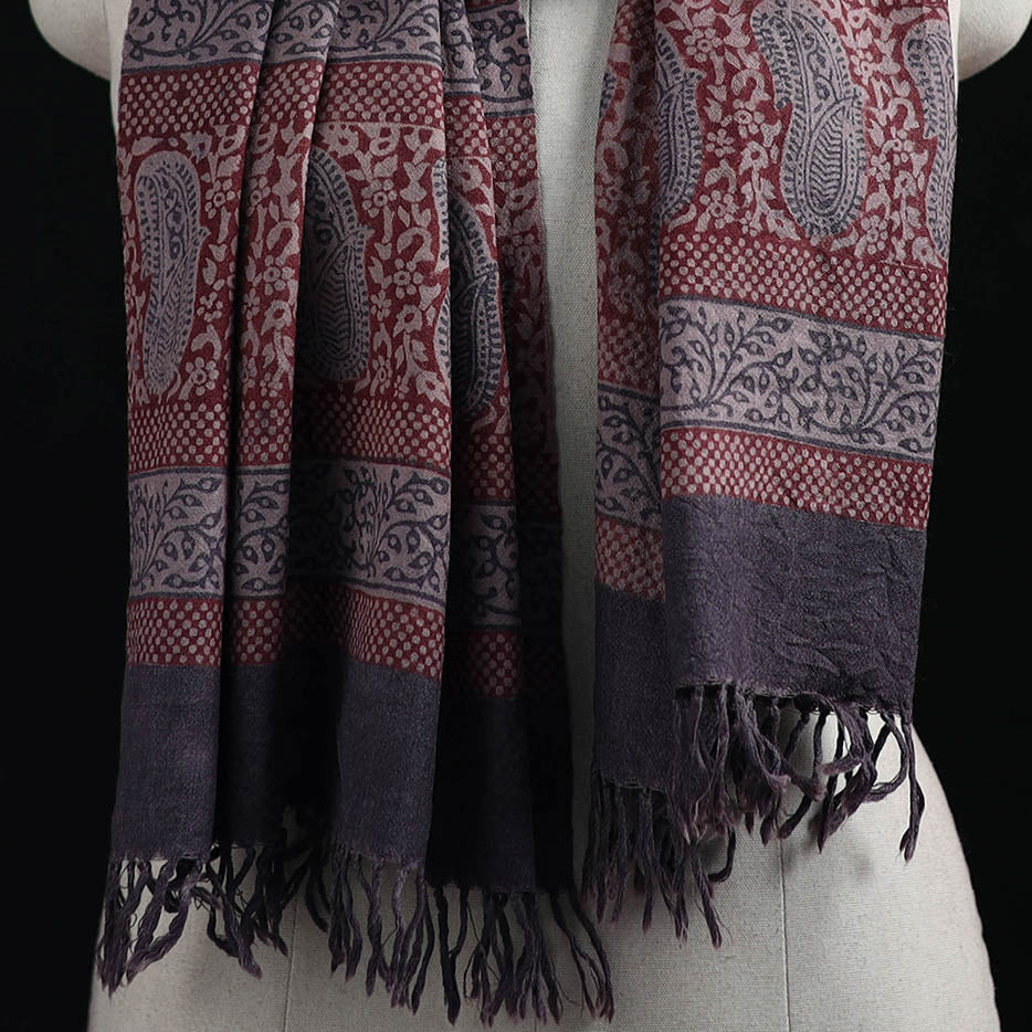 Handwoven Merino Wool Natural Dyed Hand Block Bagh Print Stole 05