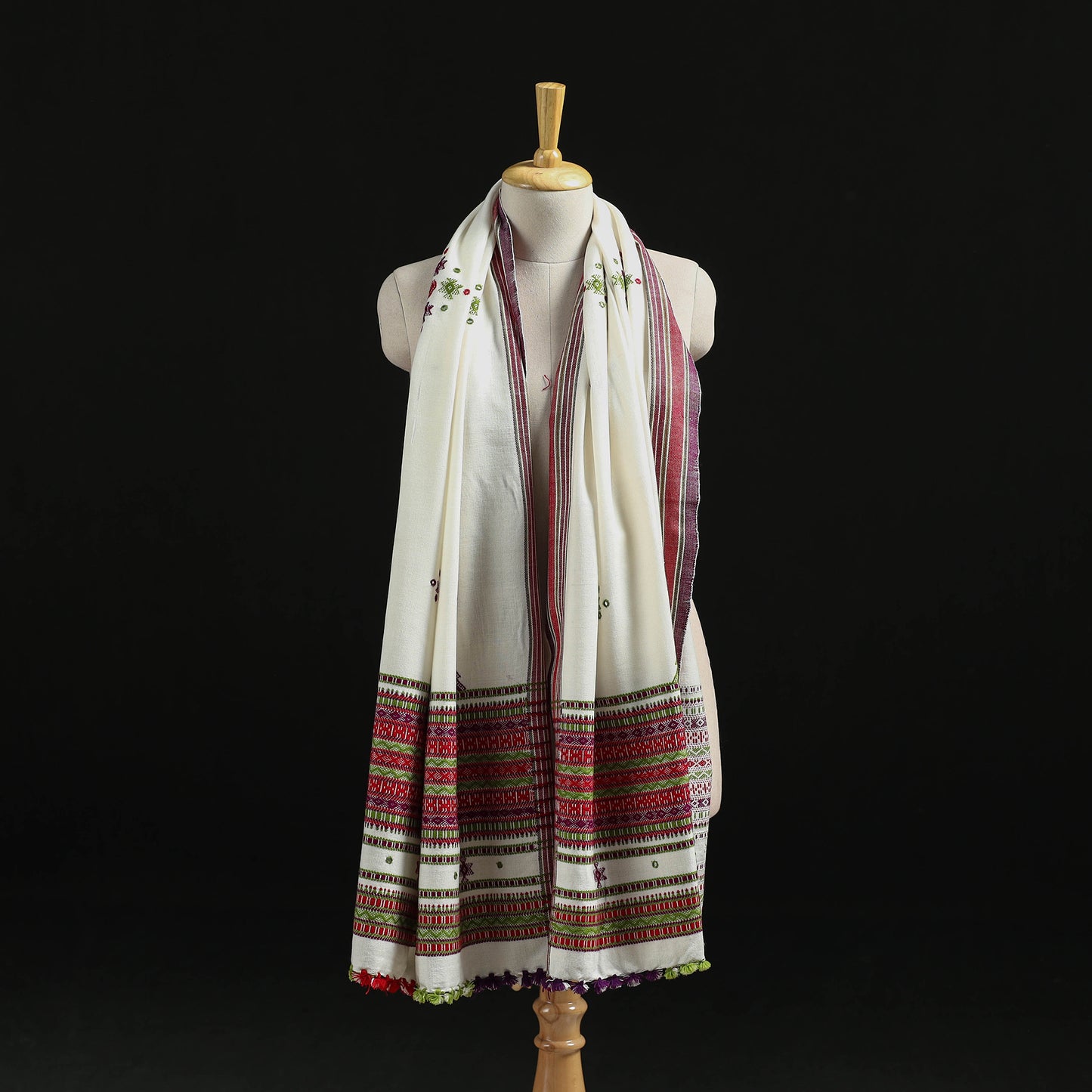 Kutch Handwoven Mirror Work Chomuk Buta Acrylic Wool Shawl 04