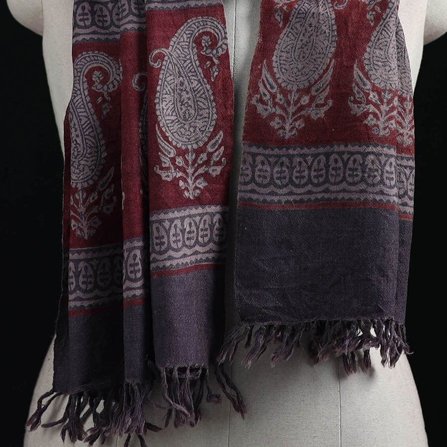 Handwoven Merino Wool Natural Dyed Hand Block Bagh Print Stole 07
