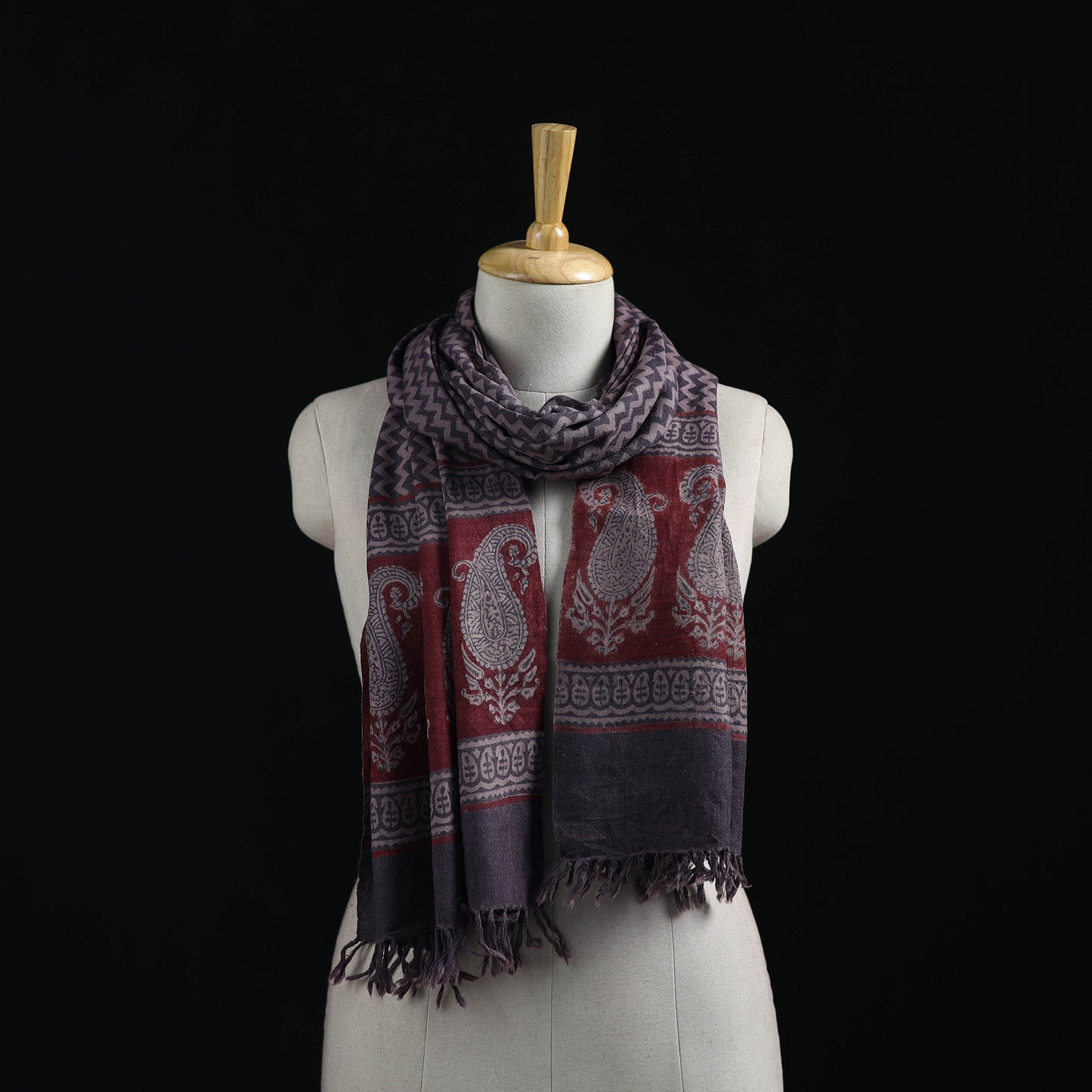 Handwoven Merino Wool Natural Dyed Hand Block Bagh Print Stole 07