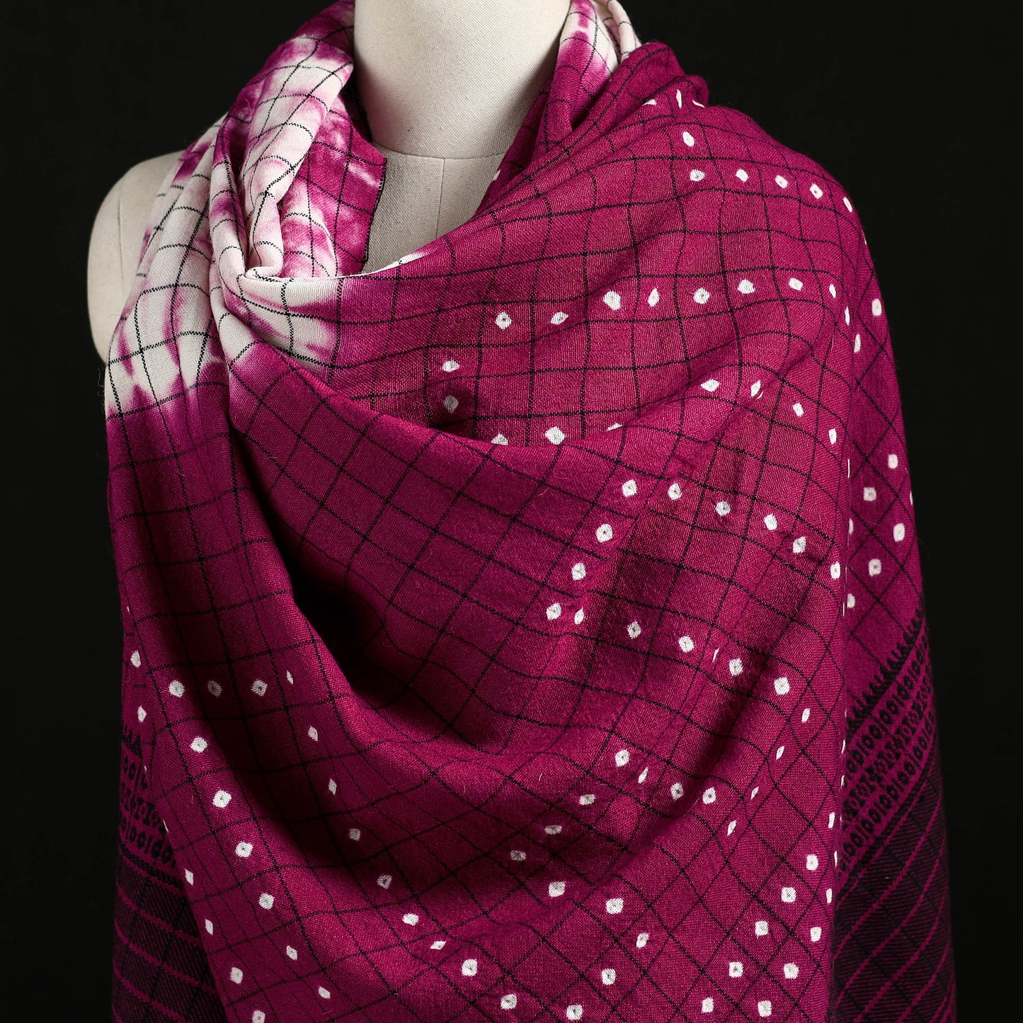 Kutch Handwoven Clamp Dyed Checks Bandhani Merino Wool Shawl 08