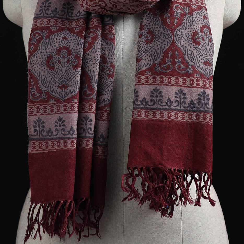 Handwoven Merino Wool Natural Dyed Hand Block Bagh Print Stole 13